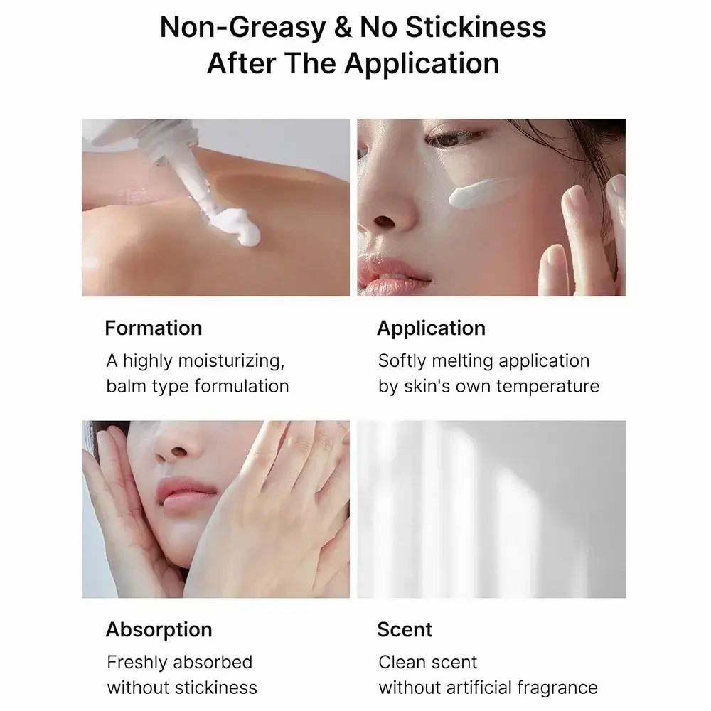 Vier Bilder zeigen die Anwendung. Formation, Application, Absorption, Scent. Produkt wird aufgetragen und absorbiert.