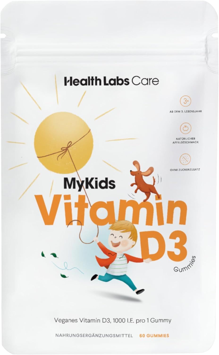 Beutel MyKids Vitamin D3 Gummies. Illustration Kind mit Drachen. Text: Veganes Vitamin D3, 1000 I.E. pro 1 Gummie. Nahrungsergänzungsmittel. 60 Gummies.