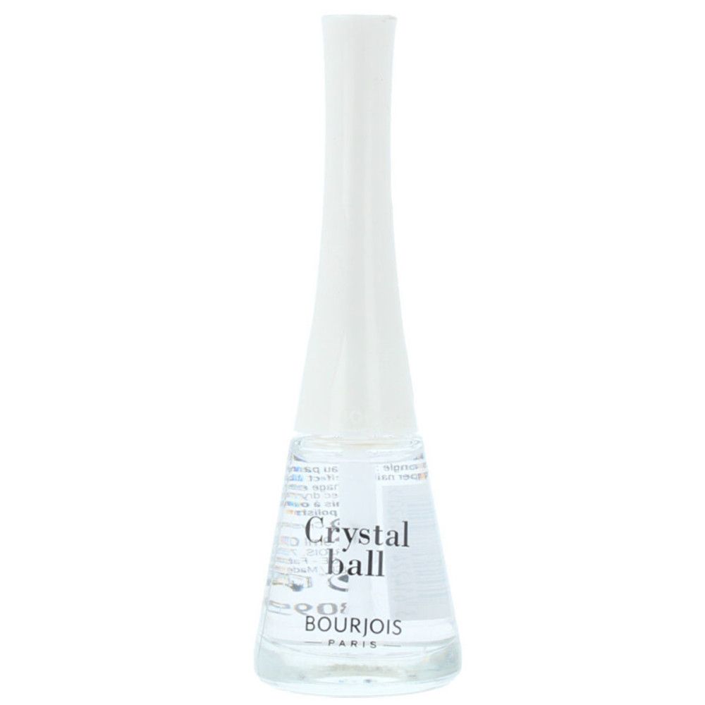 Nagellackflasche mit weißem Deckel. Aufschrift 'Crystal ball' und 'Bourjois'.