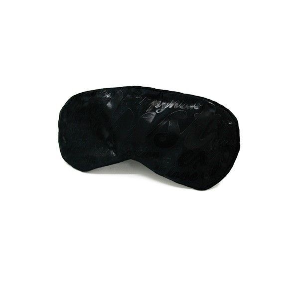 Schwarze Augenmaske mit Muster und Schriftzug.