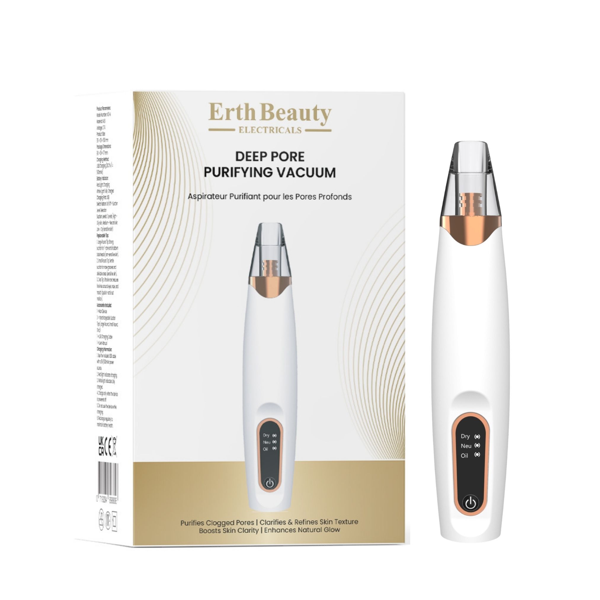 Gerät und Verpackung. Weißes Gerät mit goldfarbenen Akzenten. Verpackung mit Text: Erth Beauty Deep Pore Purifying Vacuum.