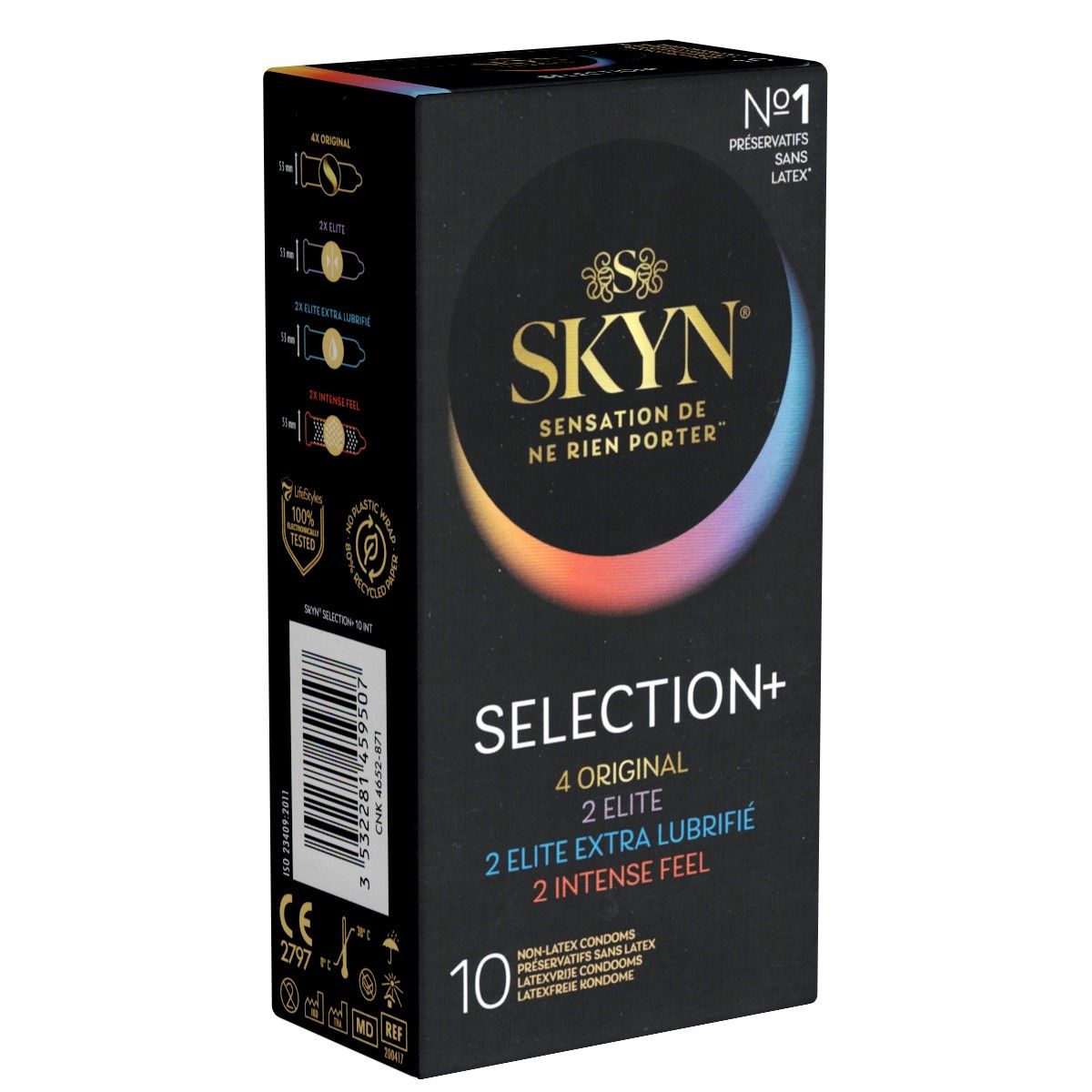 Schwarze Schachtel mit SKYN-Logo und Aufschrift "SELECTION+". Enthält 10 Kondome. Aufschrift: 4 Original, 2 Elite, 2 Extra Lubrifie, 2 Intense Feel.