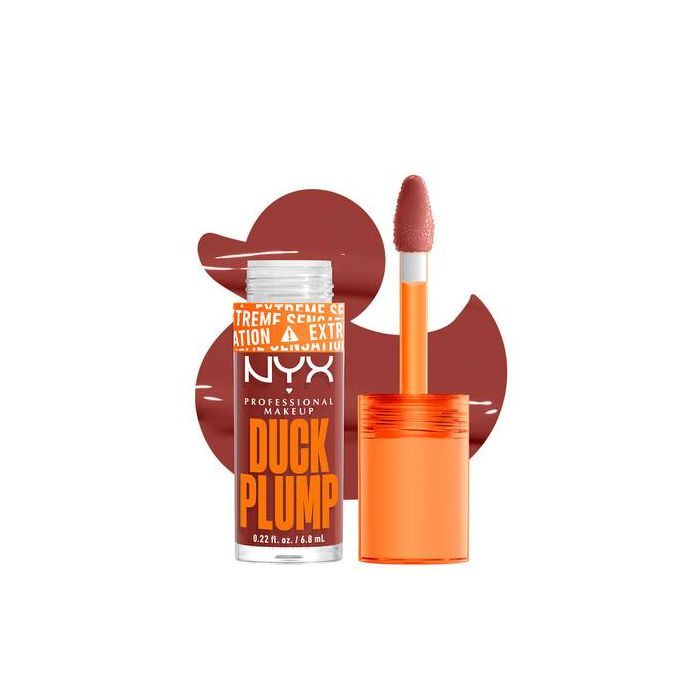 Lippen-Gloss mit Applikator. Orangefarbener Deckel, transparente Flasche mit Aufschrift NYX DUCK PLUMP. Farbton: Rotbraun.
