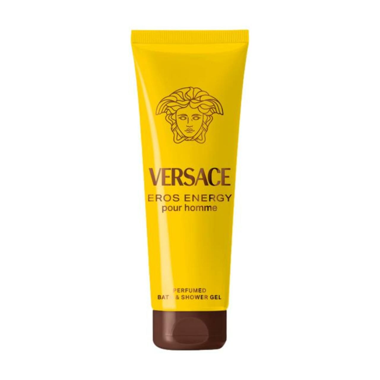 Gel-Dusche in gelber Tube. Aufschrift Versace, Eros Energy pour homme. Brauner Verschluss. Medusa-Logo.