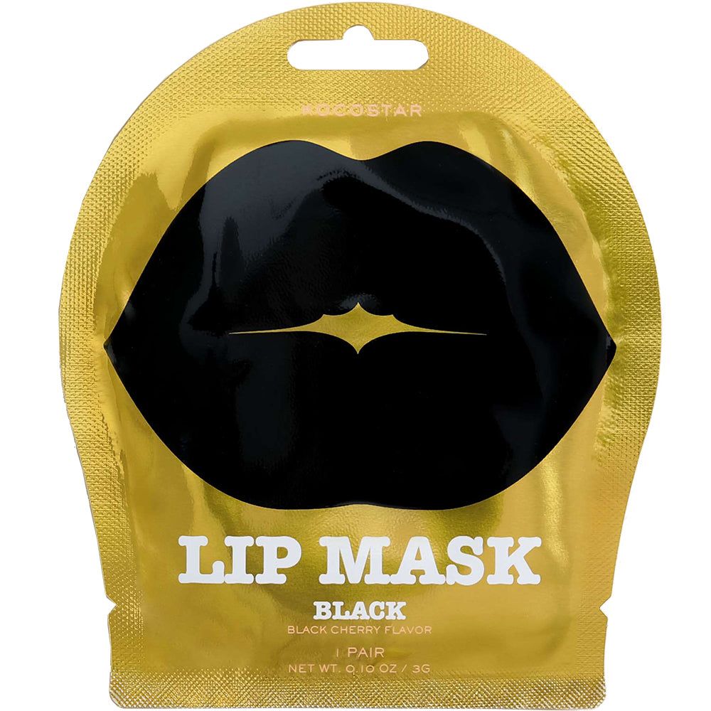 Goldfarbene Verpackung mit schwarzer Lippenmaske. Schriftzug: LIP MASK, BLACK, BLACK CHERRY FLAVOR. Marke: KOCOSTAR.