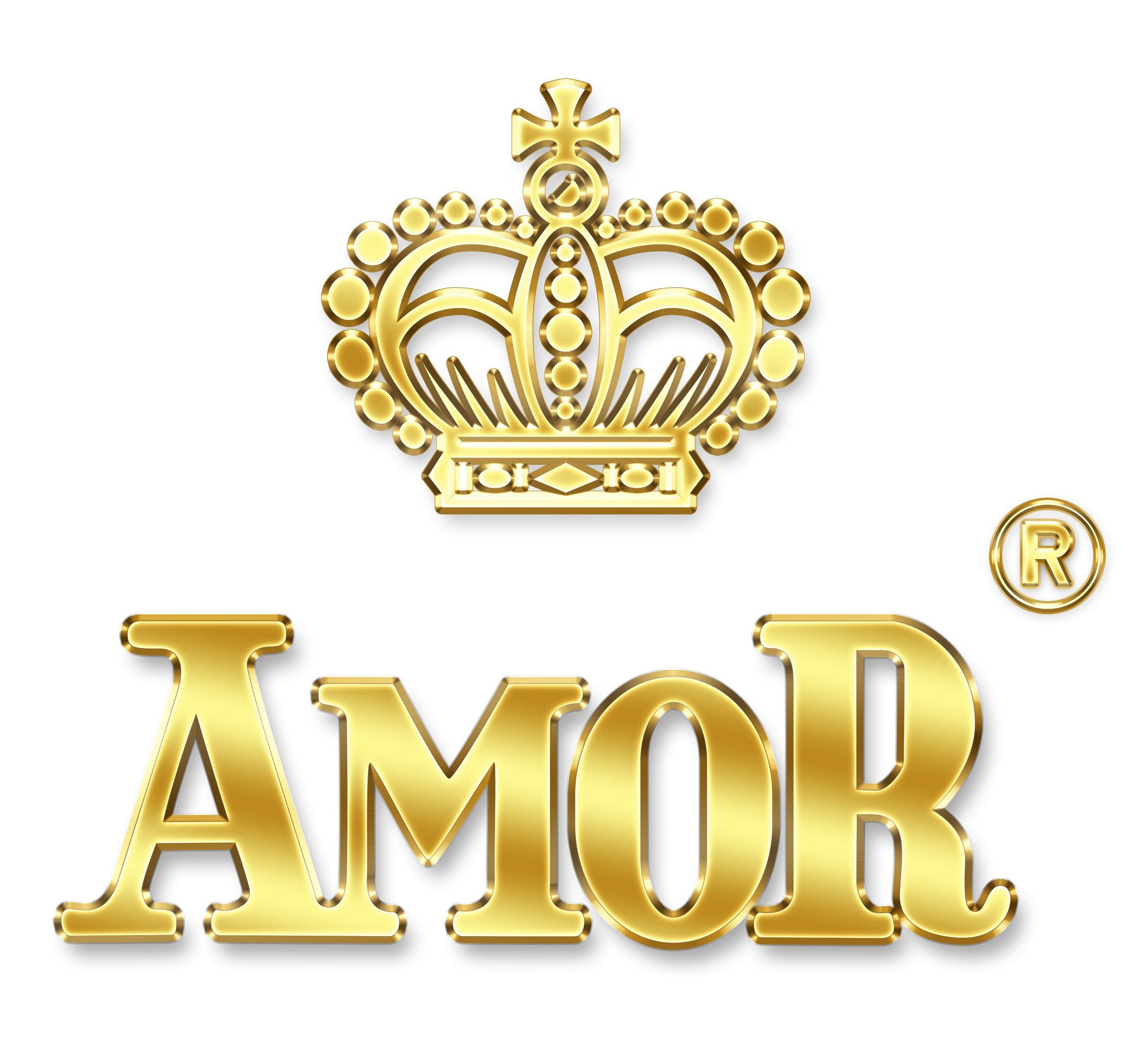 Goldene Krone über dem goldenen Schriftzug AMOR, mit einem kleinen R-Symbol.