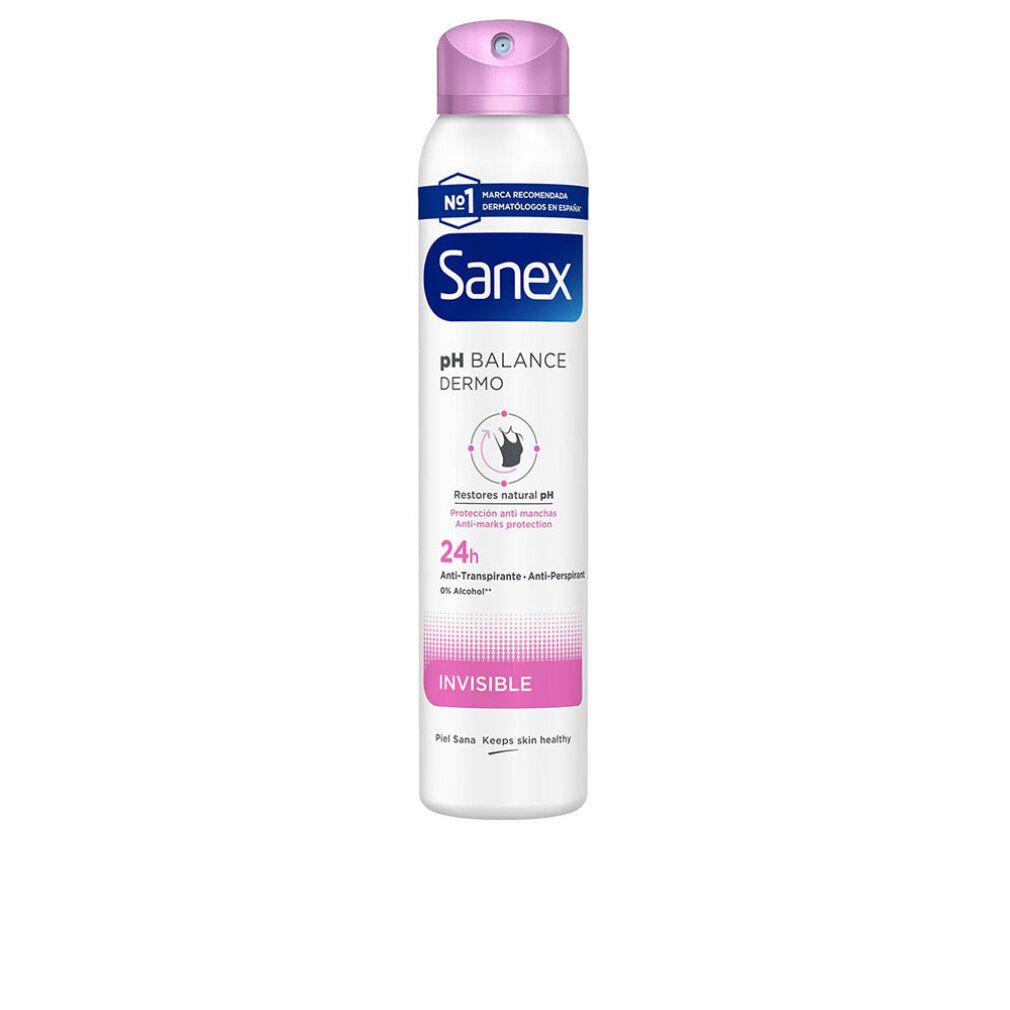 Sanex pH Balance Dermo Invisible Deodorant-Spray. Weißes Spray mit rosa Sprühkopf. Text: Invisible, pH Balance Dermo, Sanex.