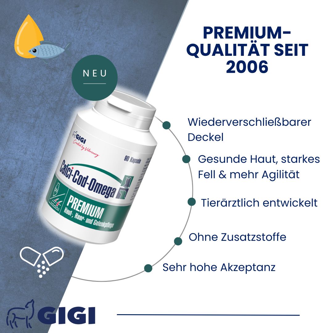 Produktflasche Calci-Cod-Omega. Text: PREMIUM-QUALITÄT SEIT 2006. Vorteile: Haut, Fell, Agilität. Ohne Zusatzstoffe. Hohe Akzeptanz.