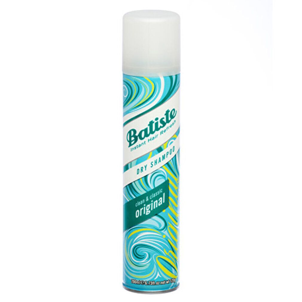 Trockenshampoo-Spraydose. Türkis-weißes Design mit Schriftzug. Deckel transparent. Produktname: Batiste Original.