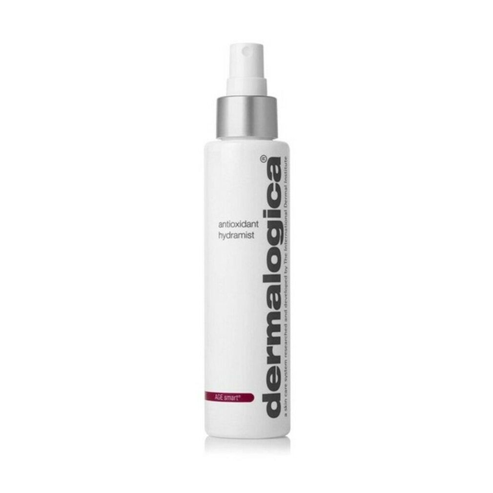 Weiße Flasche mit Sprühkopf. Aufschrift: antioxidant hydramist. Marke: Dermalogica. Roter Streifen mit Text.