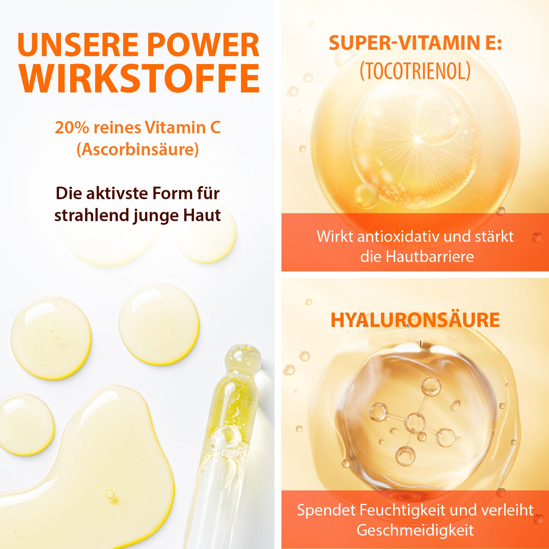 Grafik mit Serumtropfen und Inhaltsstoffen. Text: 20% reines Vitamin C, Hyaluronsäure, Super-Vitamin E. Wirkt antioxidativ, spendet Feuchtigkeit.