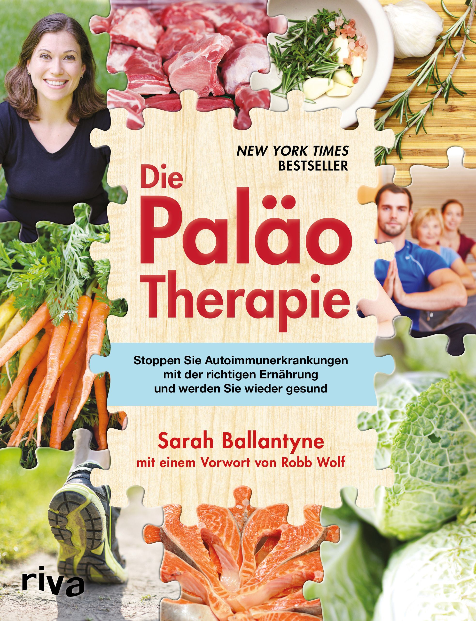 Buchcover: "Die Paläo Therapie". Titel in Rot. Autorin: Sarah Ballantyne. Mit Essen, Sport und Personen in Puzzleteilen.