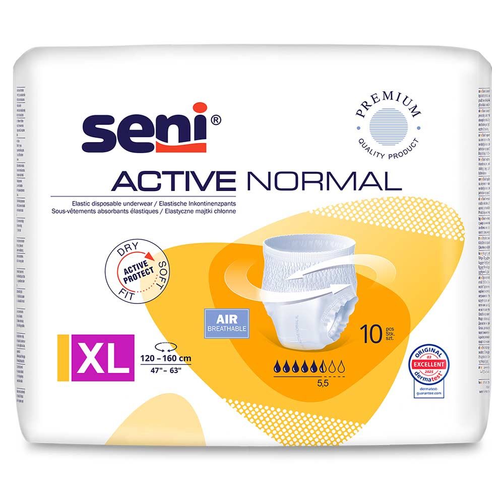 Verpackung von Seni Active Normal Inkontinenzpants, Größe XL. Enthält Informationen zu Größe, Saugfähigkeit und Zertifizierungen.