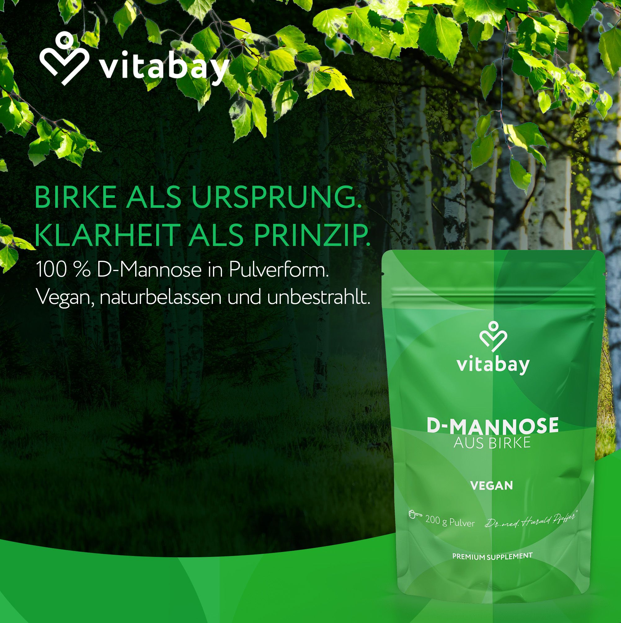 Grüner Beutel mit Vitabay D-Mannose aus Birke, 200g Pulver.