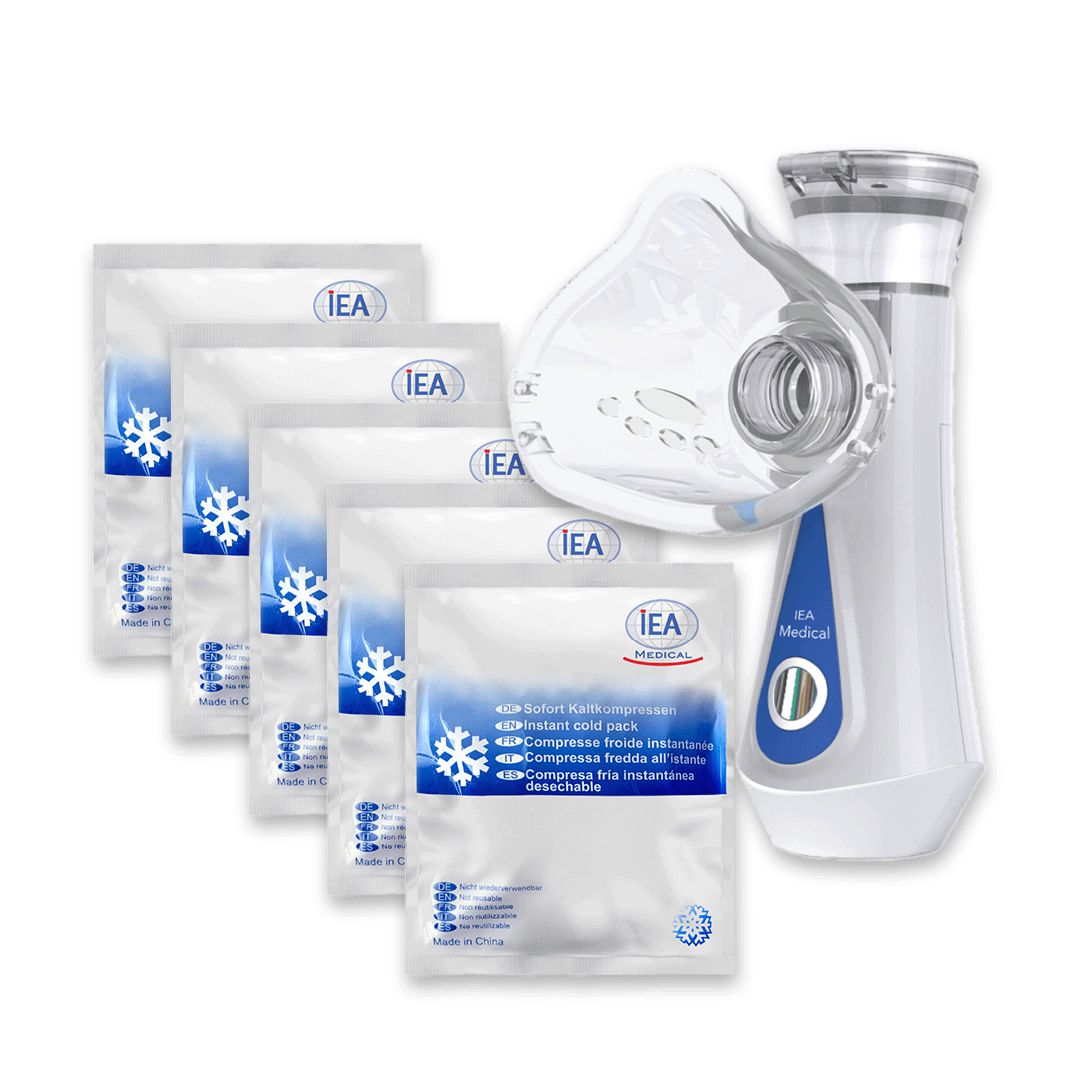 Das IEA Medical Set. Enthält 5 Sofort-Kältekompressen, einen Inhalator und eine Maske. Die Kompressen sind in Folie verpackt.