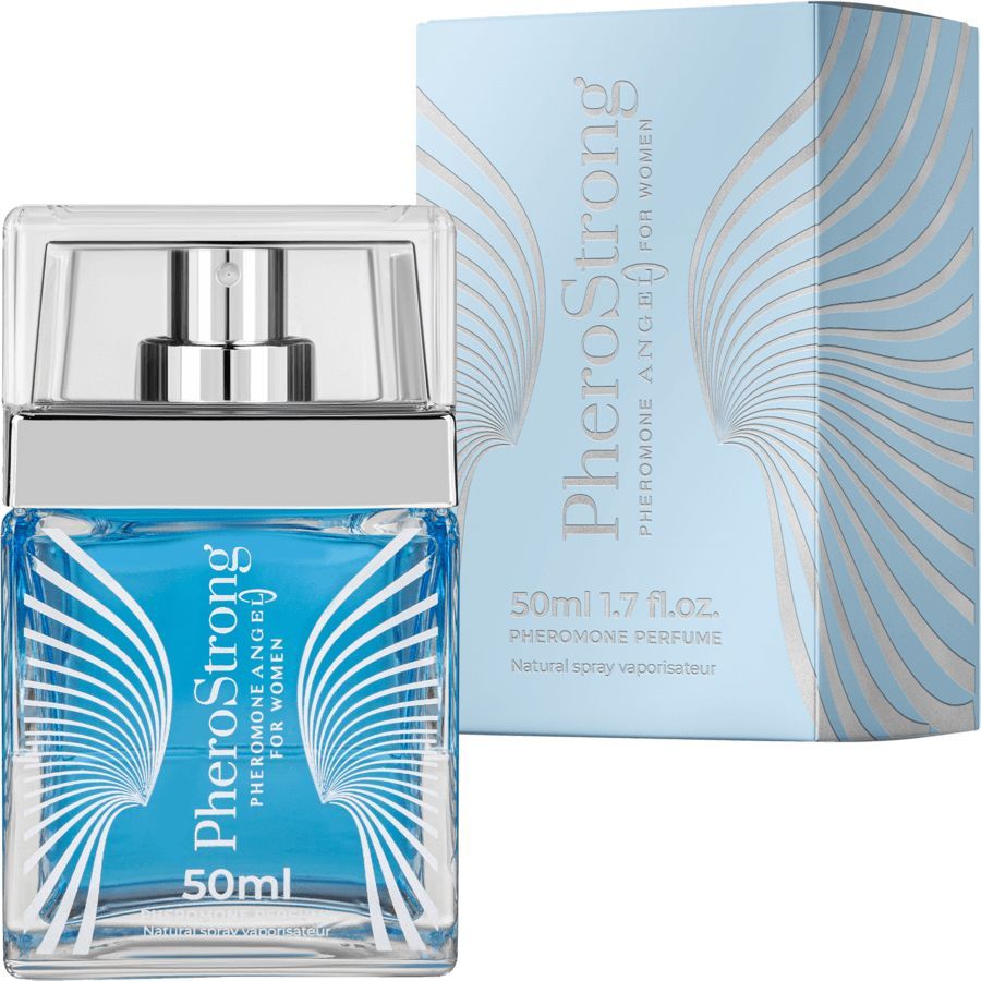 PheroStrong Pheromon Parfüm für Damen, 50ml. Flakon mit silbernem Sprühkopf und blauer Flüssigkeit. Kartonverpackung daneben.