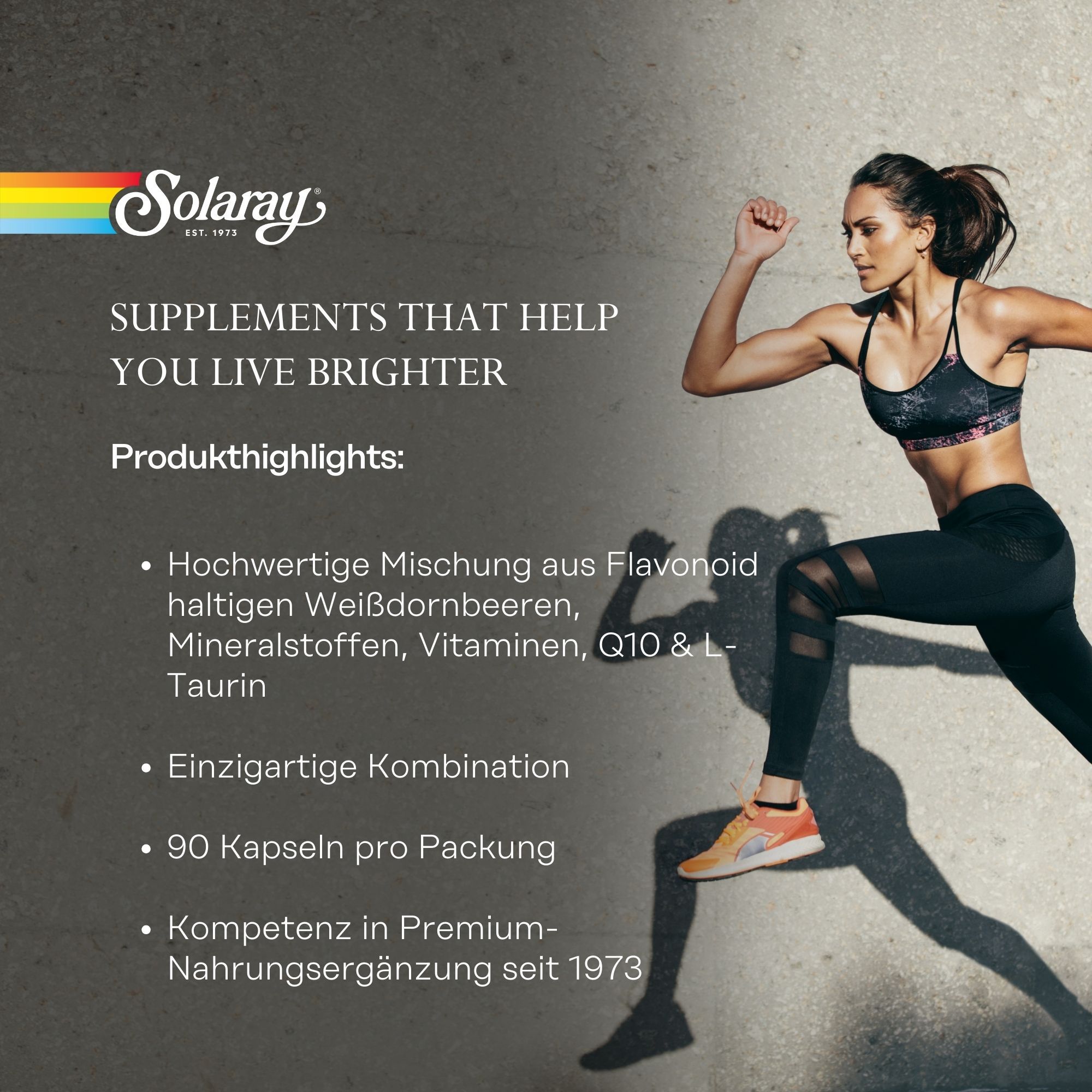 Solaray-Logo. Text: Supplements that help you live brighter. Frau rennt. Text: 90 Kapseln pro Packung.