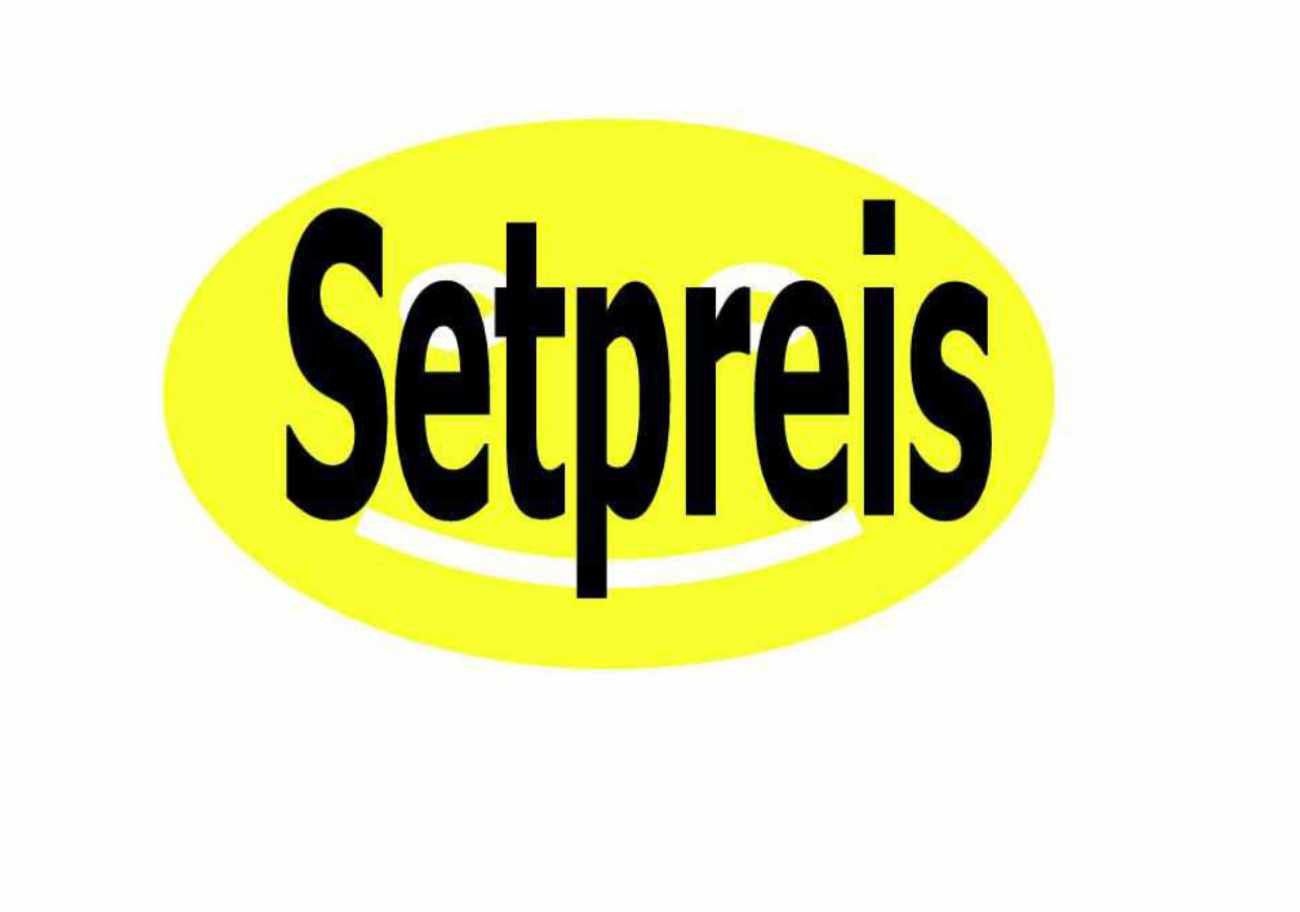 Gelbes Oval mit schwarzem Text: Setpreis.