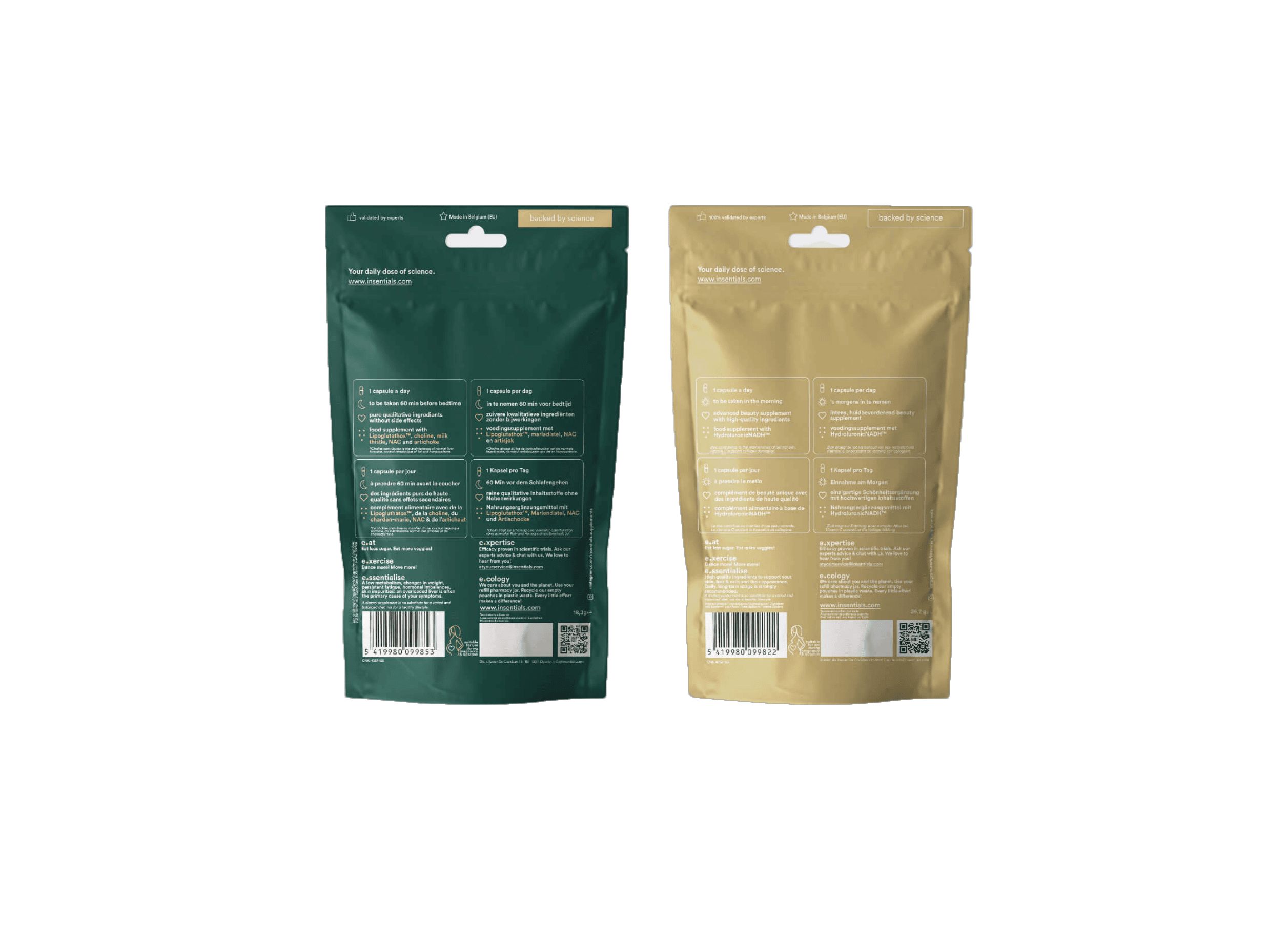 Rückseiten von zwei Beuteln: ein grüner und ein goldener Beutel mit Produktinformationen.