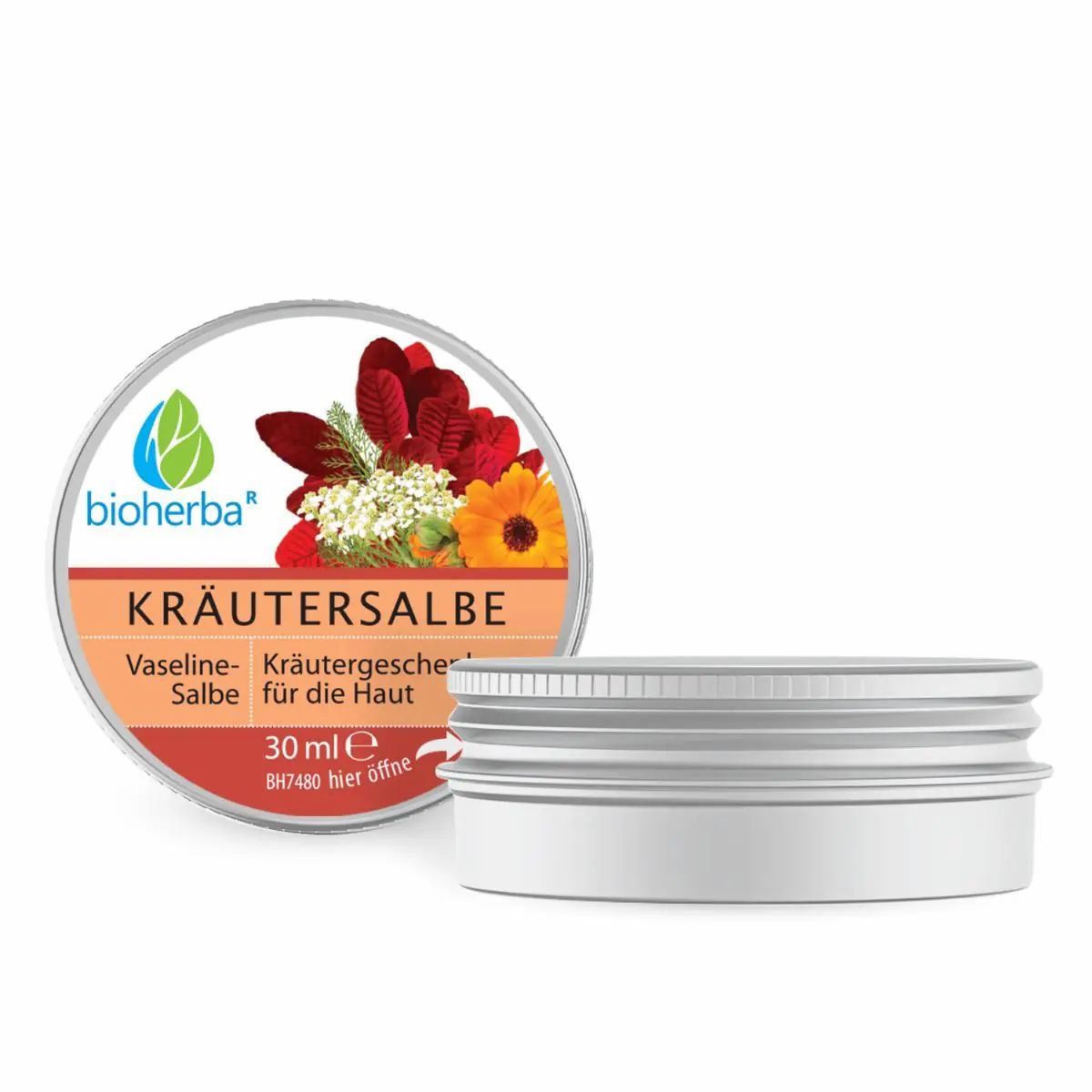 Runde Dose Kräutersalbe mit floralem Design. Deckel mit Schriftzug und Logo. Dose aus Metall, geöffnet.