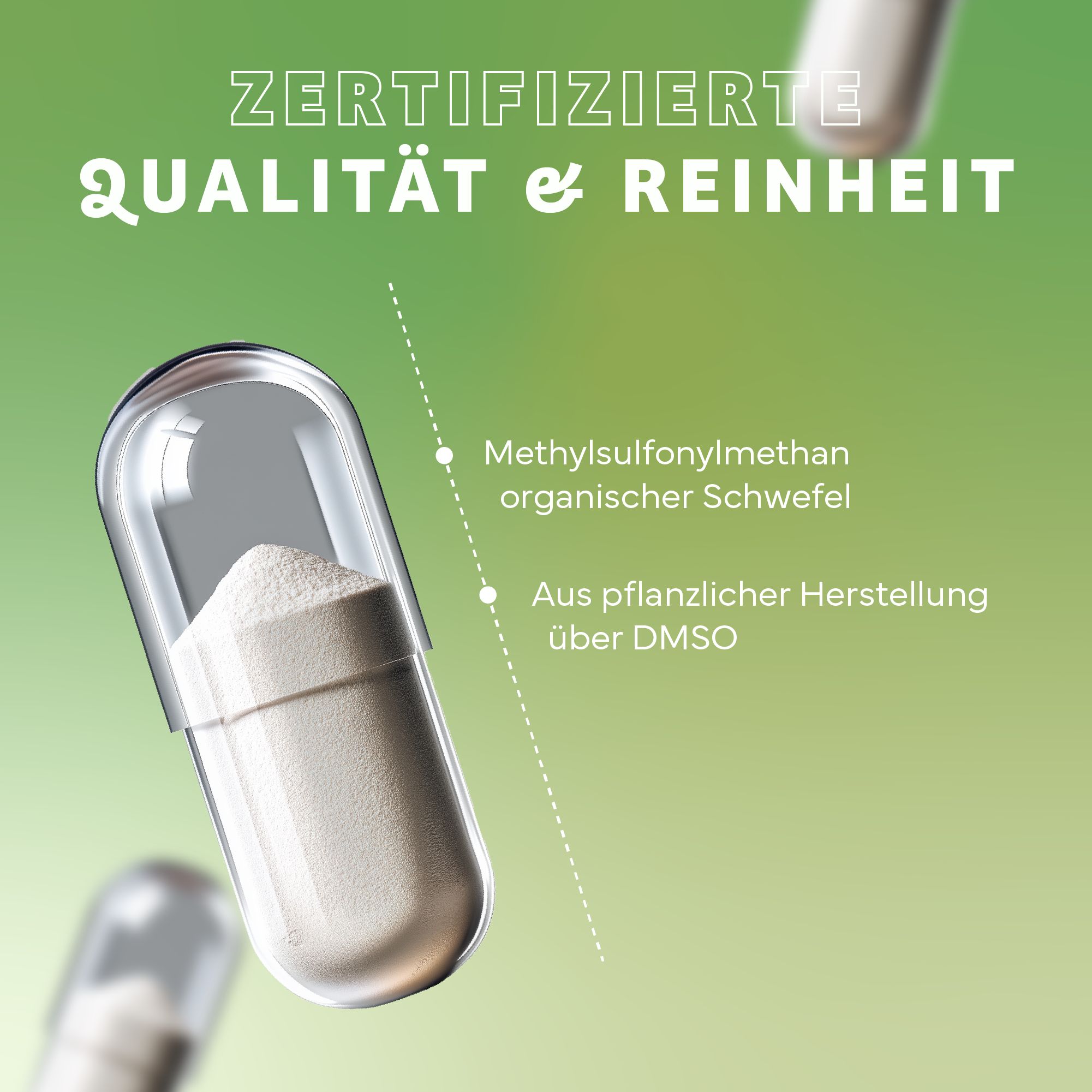 Kapsel mit weißem Pulver. Text: "Methylsulfonylmethan organischer Schwefel". Hintergrund: grün. Text: "Zertifizierte Qualität & Reinheit".