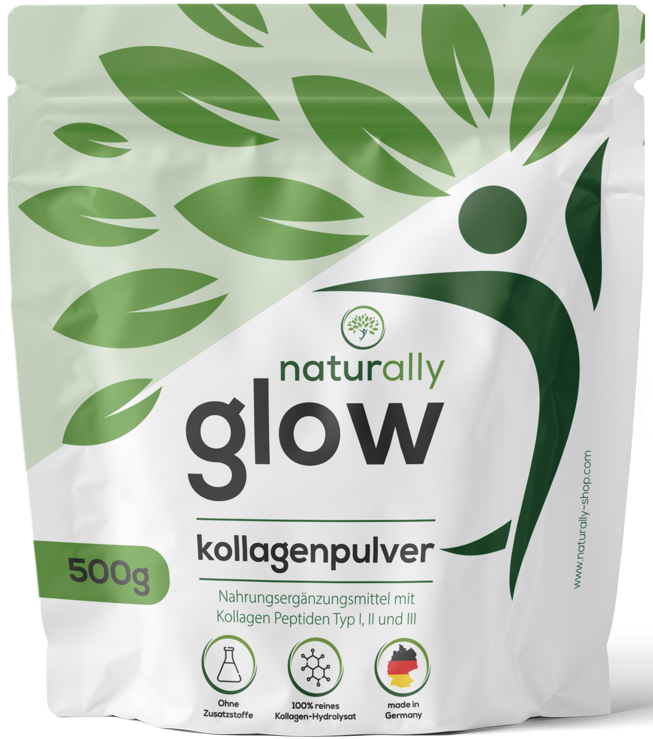 Weißer Beutel „naturally glow Kollagenpulver“ mit 500g. Text: Nahrungsergänzungsmittel mit Kollagen Peptiden Typ I, II und III. Ohne Zusatzstoffe, 100% reines Kollagen-Hydrolysat.