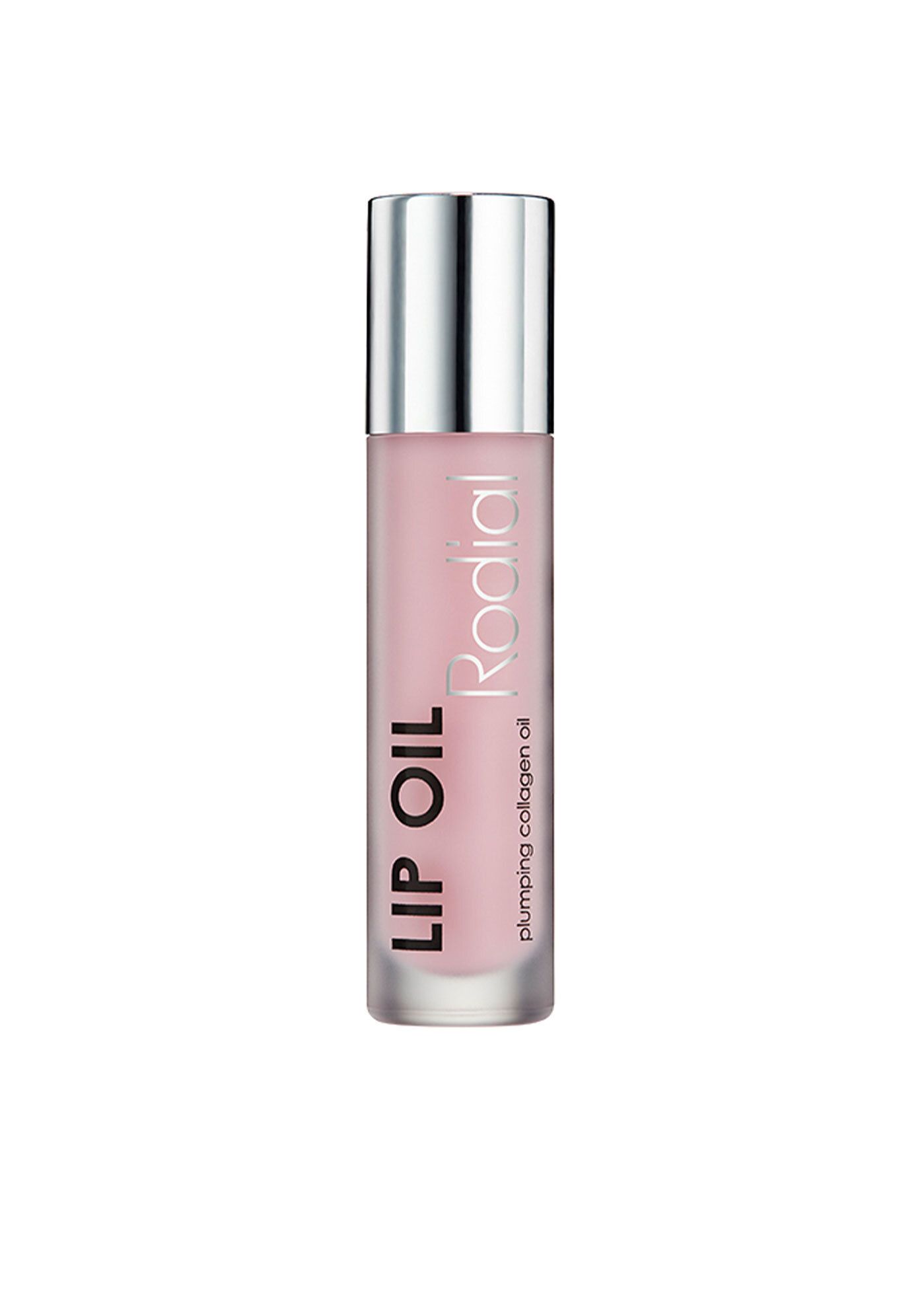Lip Oil Flasche mit silbernem Deckel. Rosa Flüssigkeit, Produktname und "Rodial" Schriftzug.