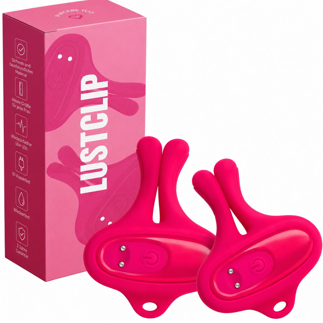Zwei pinke Vibratoren und Verpackung mit Produktmerkmalen.