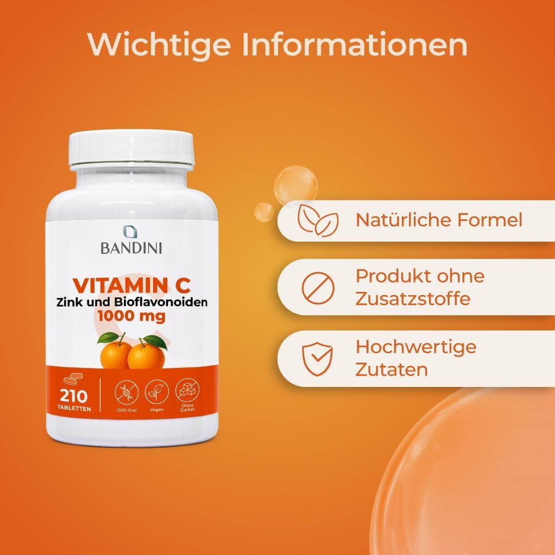 Bandini Vitamin C, Zinc, and Bioflavonoids 1000 mg, 210 tablets. Bottle with oranges and leaves.