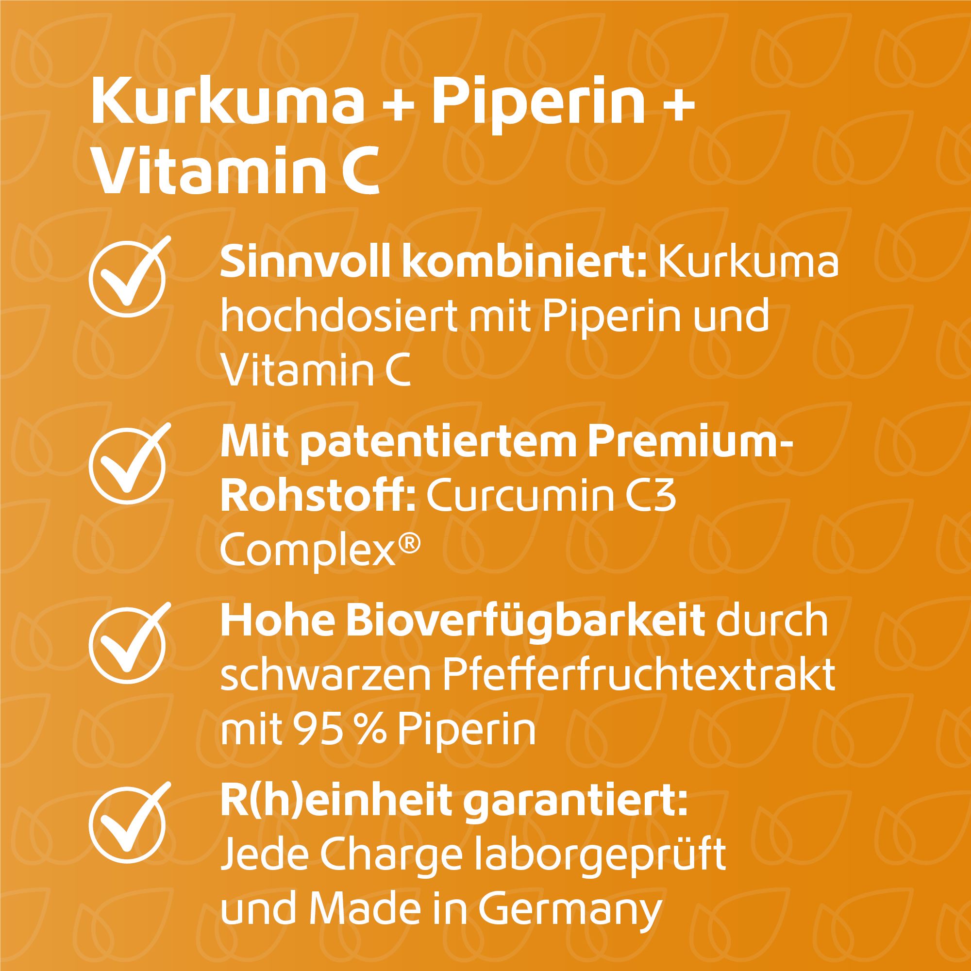 Text auf orangefarbenem Hintergrund. Vorteile von Kurkuma + Piperin + Vitamin C.  Enthält Premium-Rohstoff Curcumin C3 Complex®.