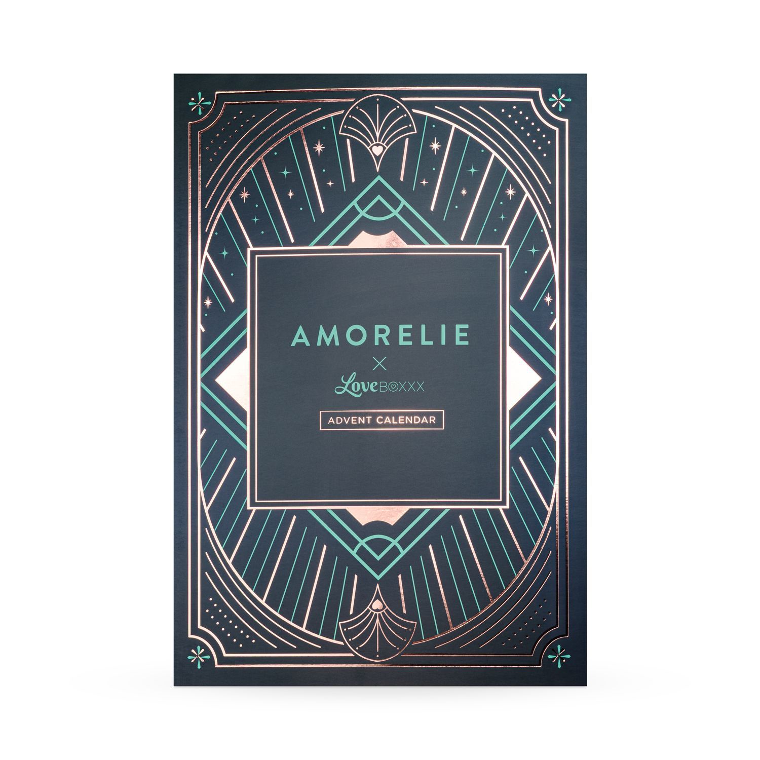 Vorderseite des Adventskalenders. Rechteckiges Design mit geometrischen Mustern und dem Logo AMORELIE x Loveboxxx.
