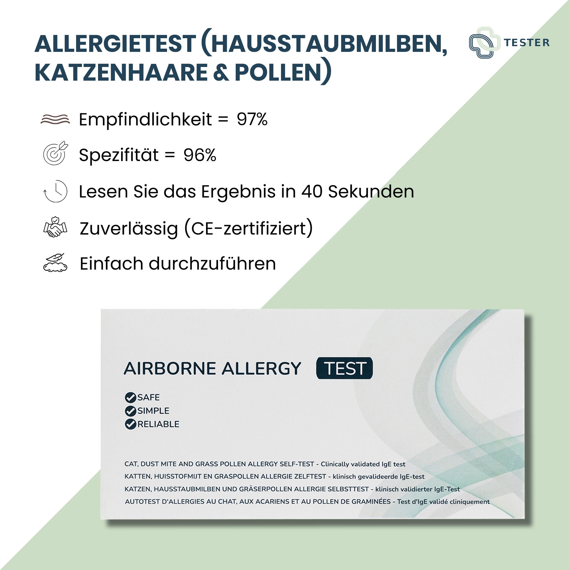 Infografik mit Testergebnissen. Allergietest für Hausstaubmilben, Katzenhaare & Pollen. Sensitivität 97%, Spezifität 96%.