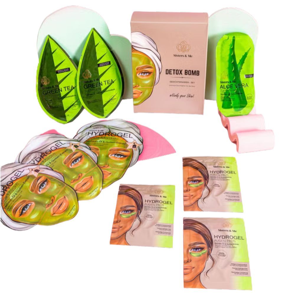 Verschiedene Gesichtsmasken und Augenpads. Verpackungen mit "Hydrogel" und "Aloe Vera". Grün, weiß, rosa. Einzelne Masken.