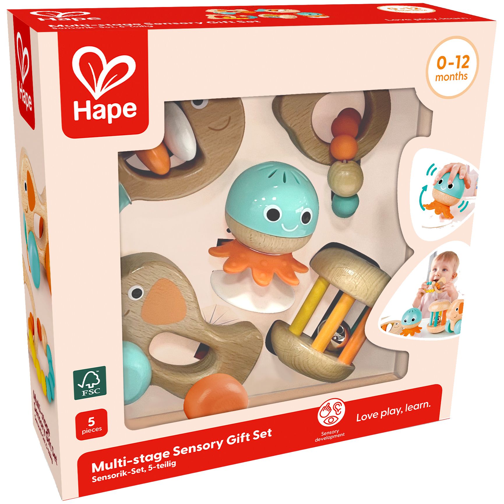 Hape Sensorik-Set, 5-teilig in Verpackung. Enthält Holzspielzeug mit bunten Elementen. Altersempfehlung: 0-12 Monate. FSC-zertifiziert.