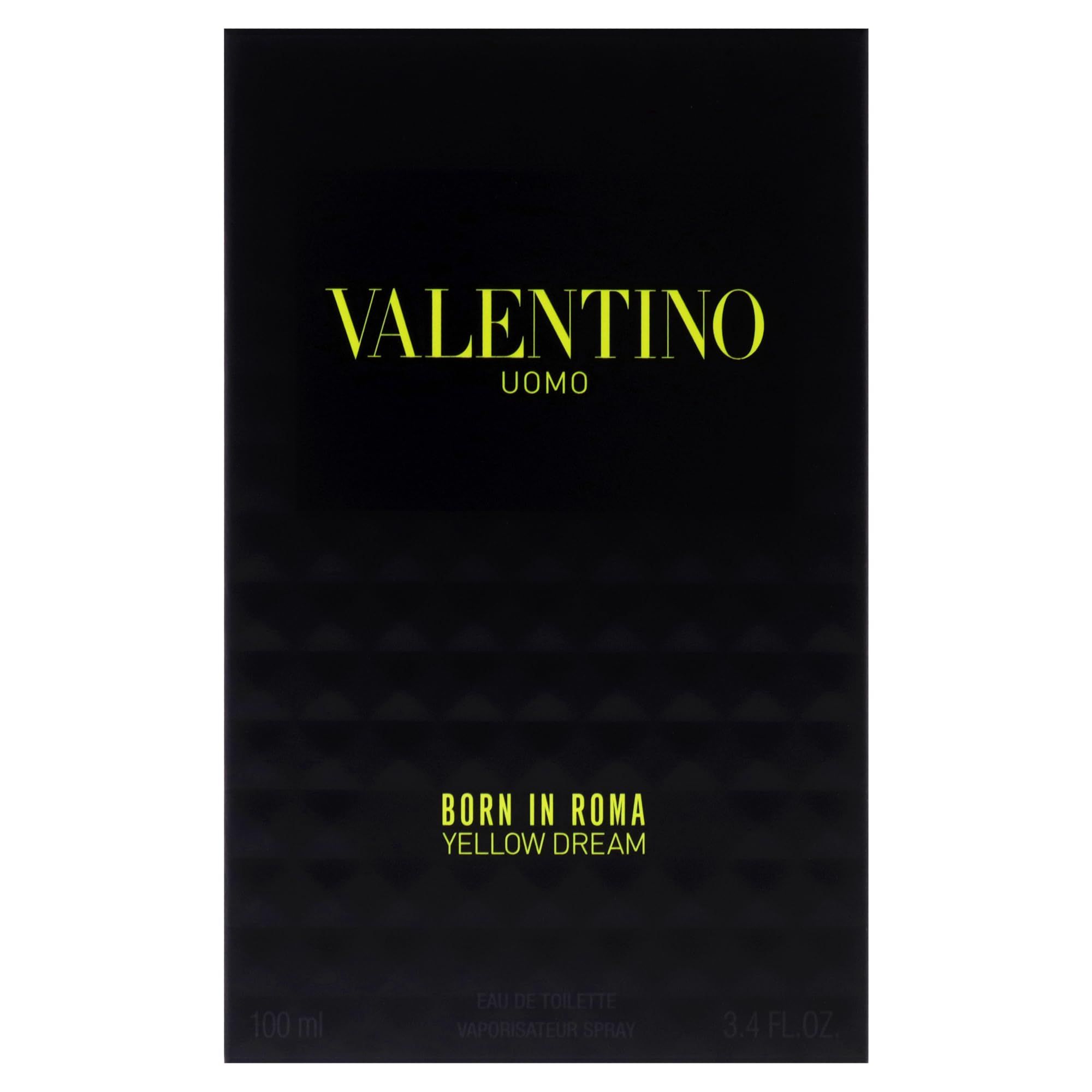 Schwarze Verpackung von Valentino Uomo Born In Roma Yellow Dream. Gelber Text auf der Verpackung.