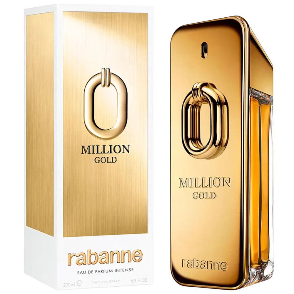 Goldfarbener Flakon und Verpackung mit "MILLION GOLD" und "rabanne" Schriftzug. Rechteckige Form.