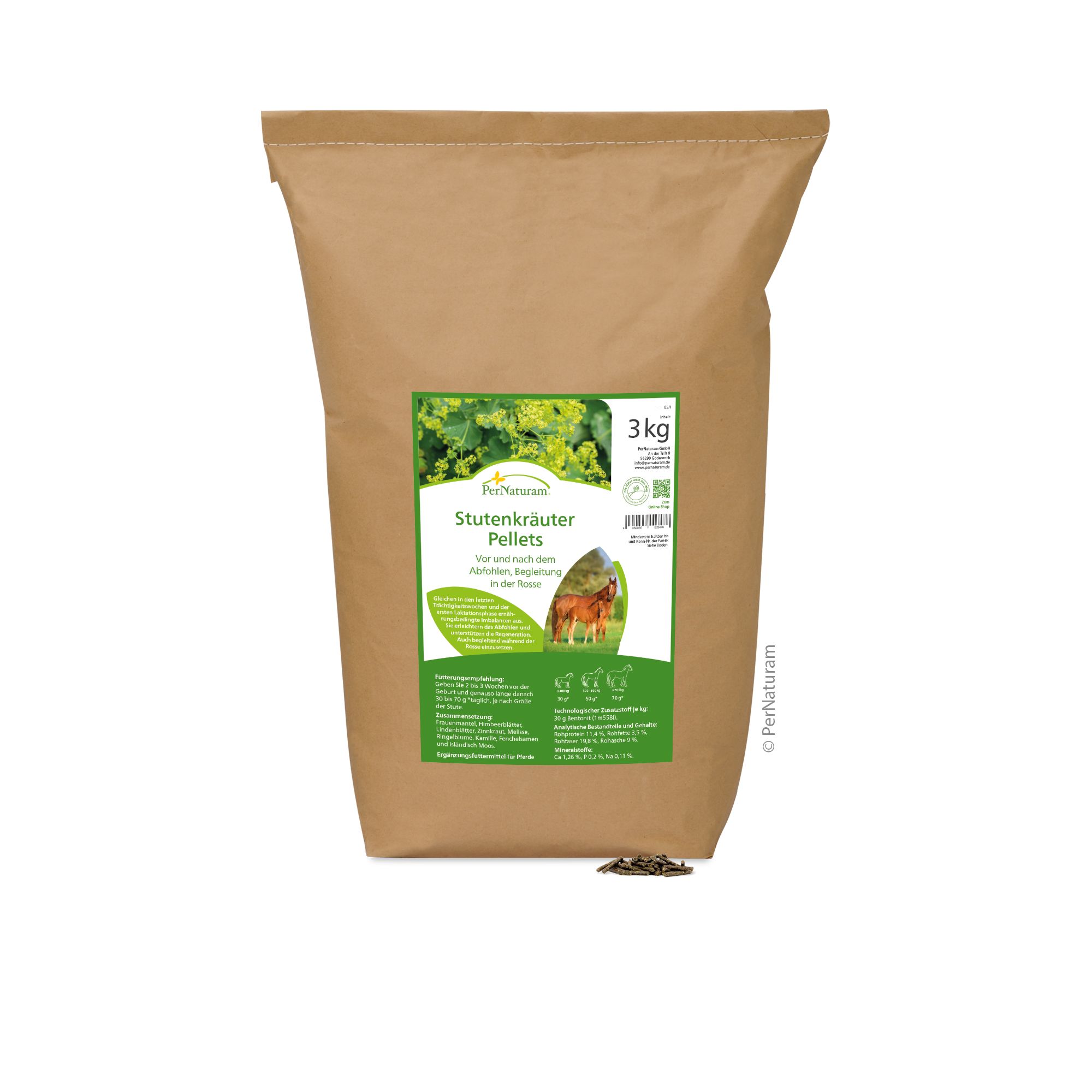 Papiertüte mit Produktetikett. Etikett mit Produktname, Logo, Inhaltsangaben und Bio-Siegel. 3 kg.