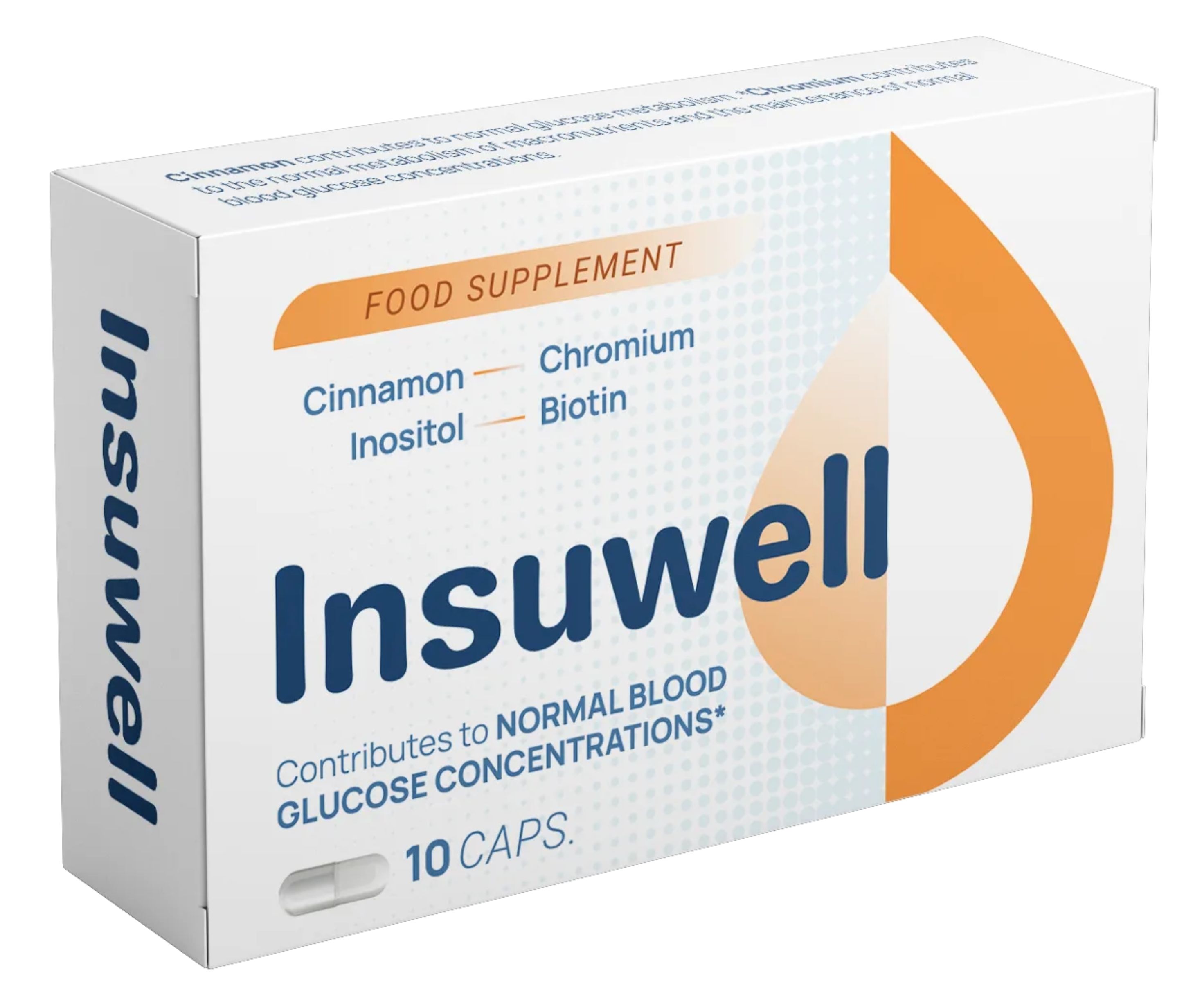 Weiße Schachtel mit Insuwell-Logo und Produktinformationen. Enthält 10 Kapseln. Enthält Zimt, Chrom, Inositol und Biotin.
