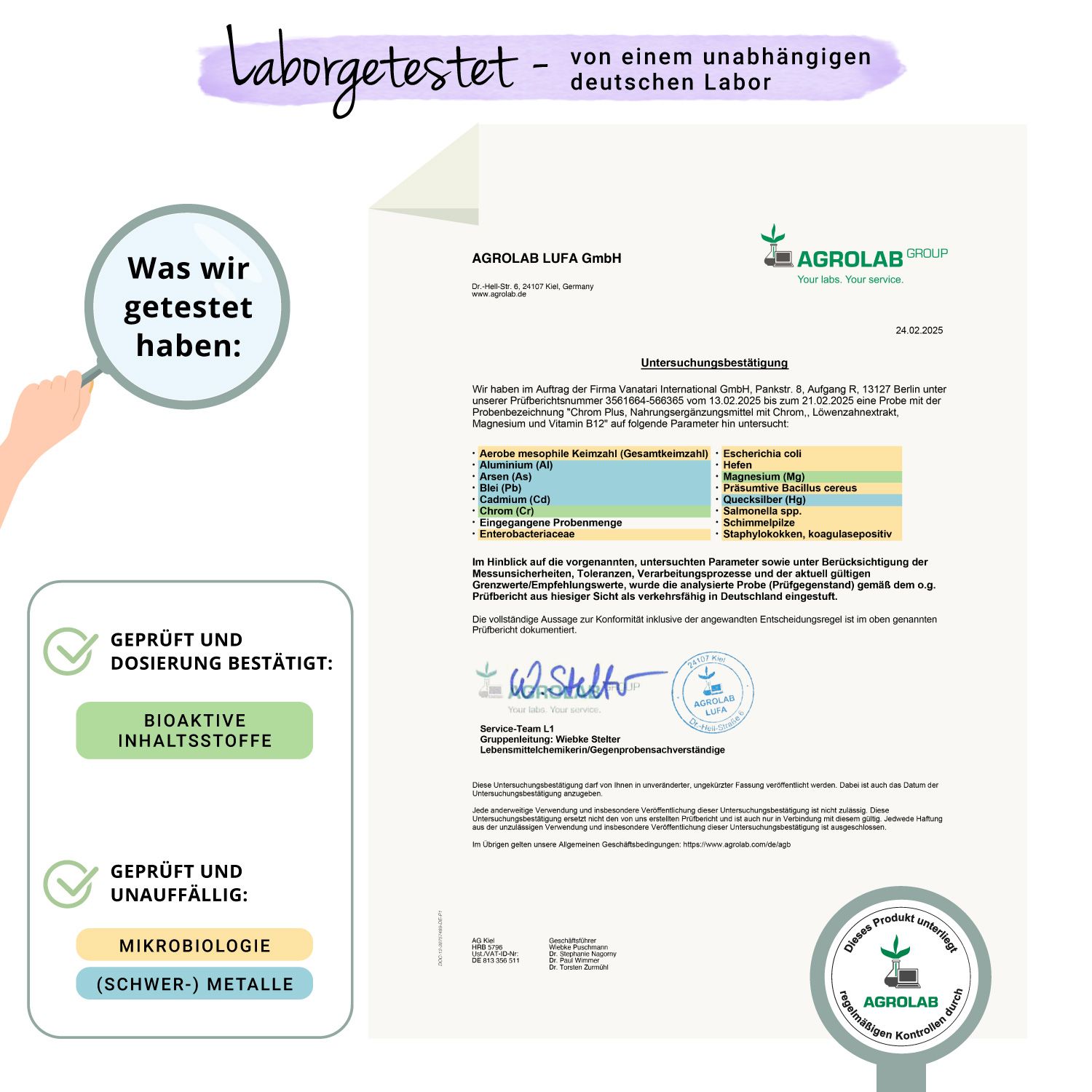 Zertifikat von AGROLAB LUFA. Bestätigung der Analyse von VEGAVERO Chrom Plus. Geprüft auf Inhaltsstoffe und Mikrobiologie.