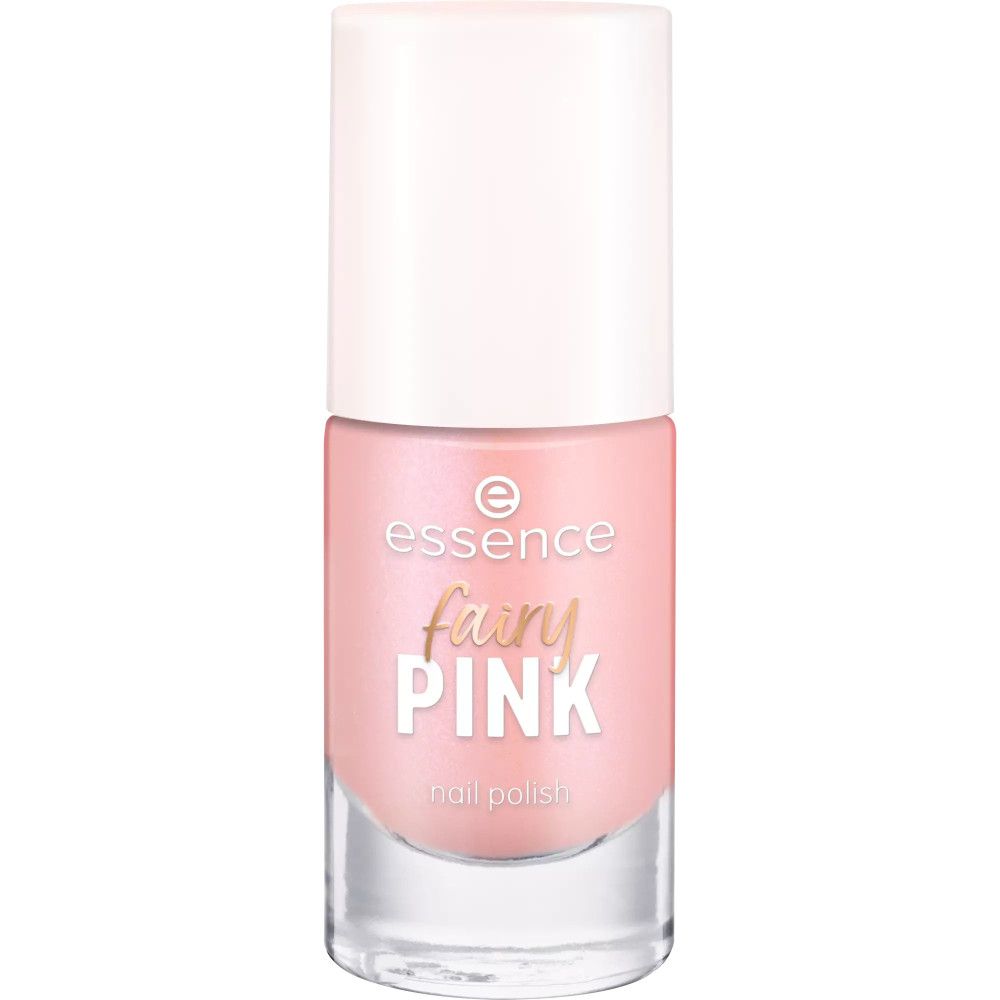 Essence Nagellack, rosa. Glasflasche mit weißem Deckel. Aufschrift: Fairy Pink, nail polish.