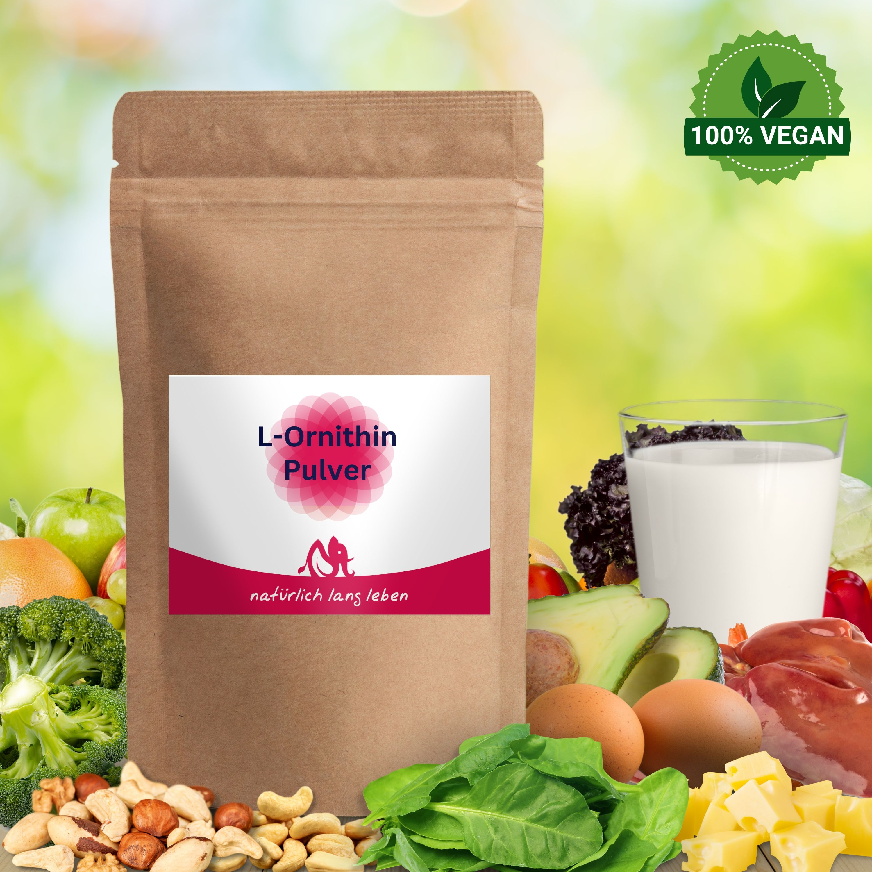 Brauner Beutel mit L-Ornithin Pulver neben frischen Lebensmitteln und einem Glas Milch. 100% Vegan.