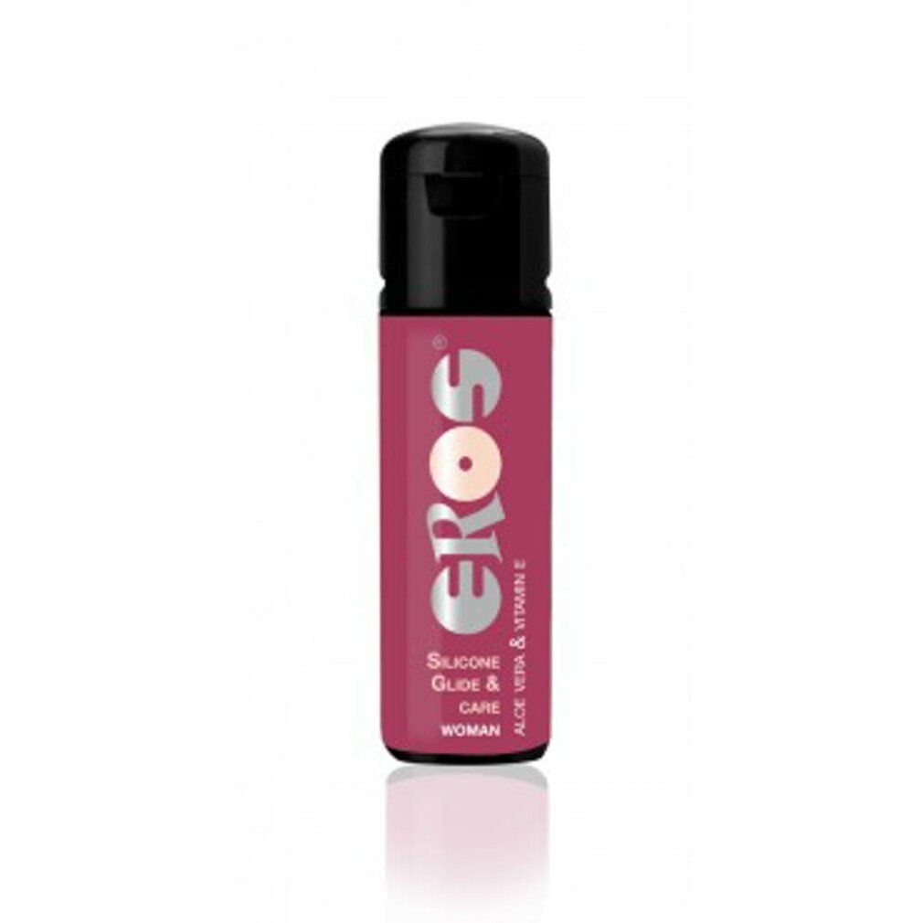 Zylinderförmige Flasche mit schwarzem Deckel. Aufschrift: EROS, Silicone Glide & Care, Aloe Vera & Vitamin E, WOMAN.