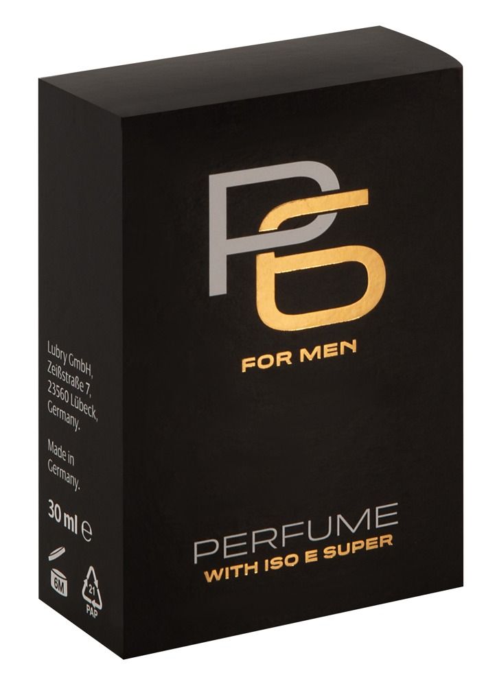 Schwarze Verpackung mit Logo und Aufschrift: FOR MEN, PERFUME WITH ISO E SUPER. Herstellerinformationen und 30 ml.