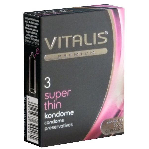 Schwarze Verpackung mit "VITALIS PREMIUM", "3 super thin Kondome". Hergestellt von R&S Germany.