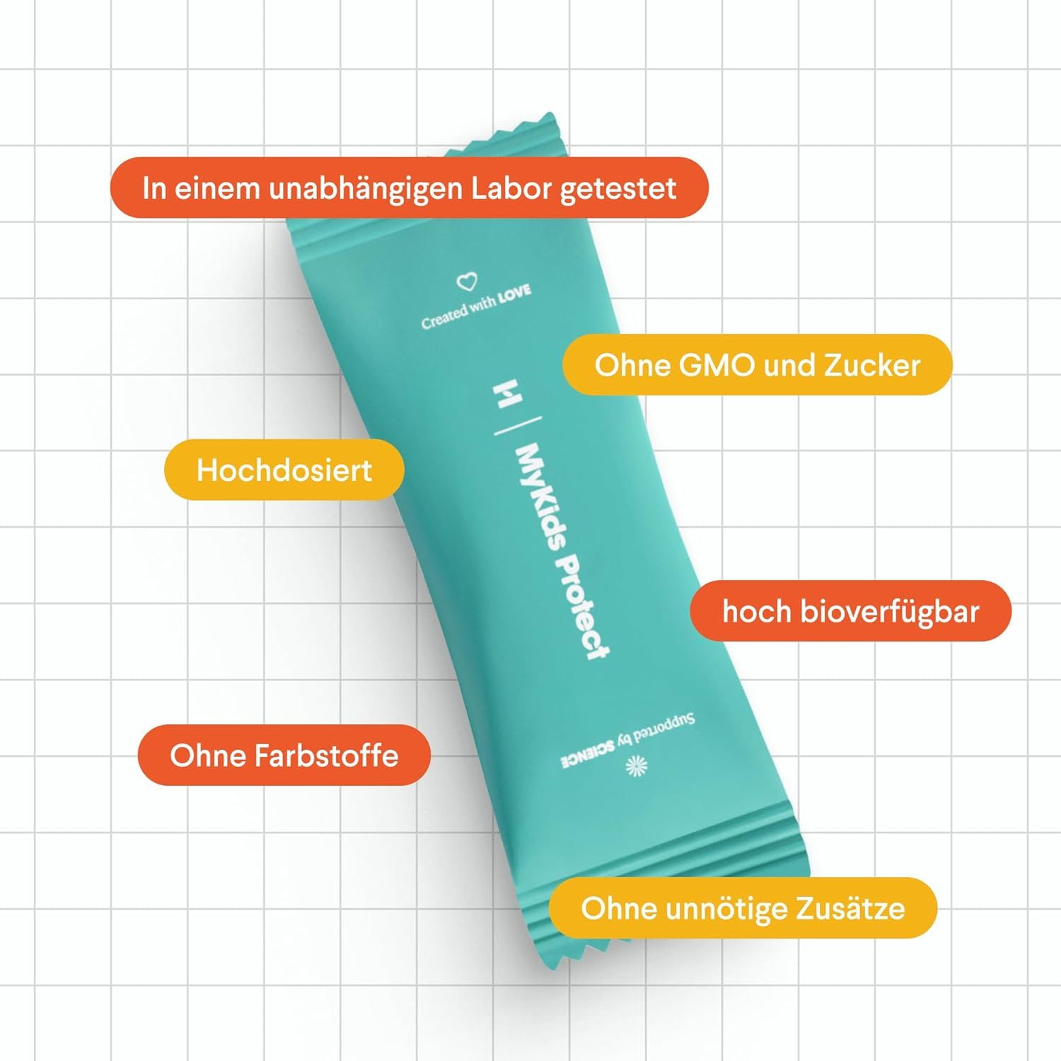 Beutel mit Text. Text: In einem Labor getestet, ohne GMO und Zucker, hochdosiert, hoch bioverfügbar, ohne Farbstoffe, ohne unnötige Zusätze.