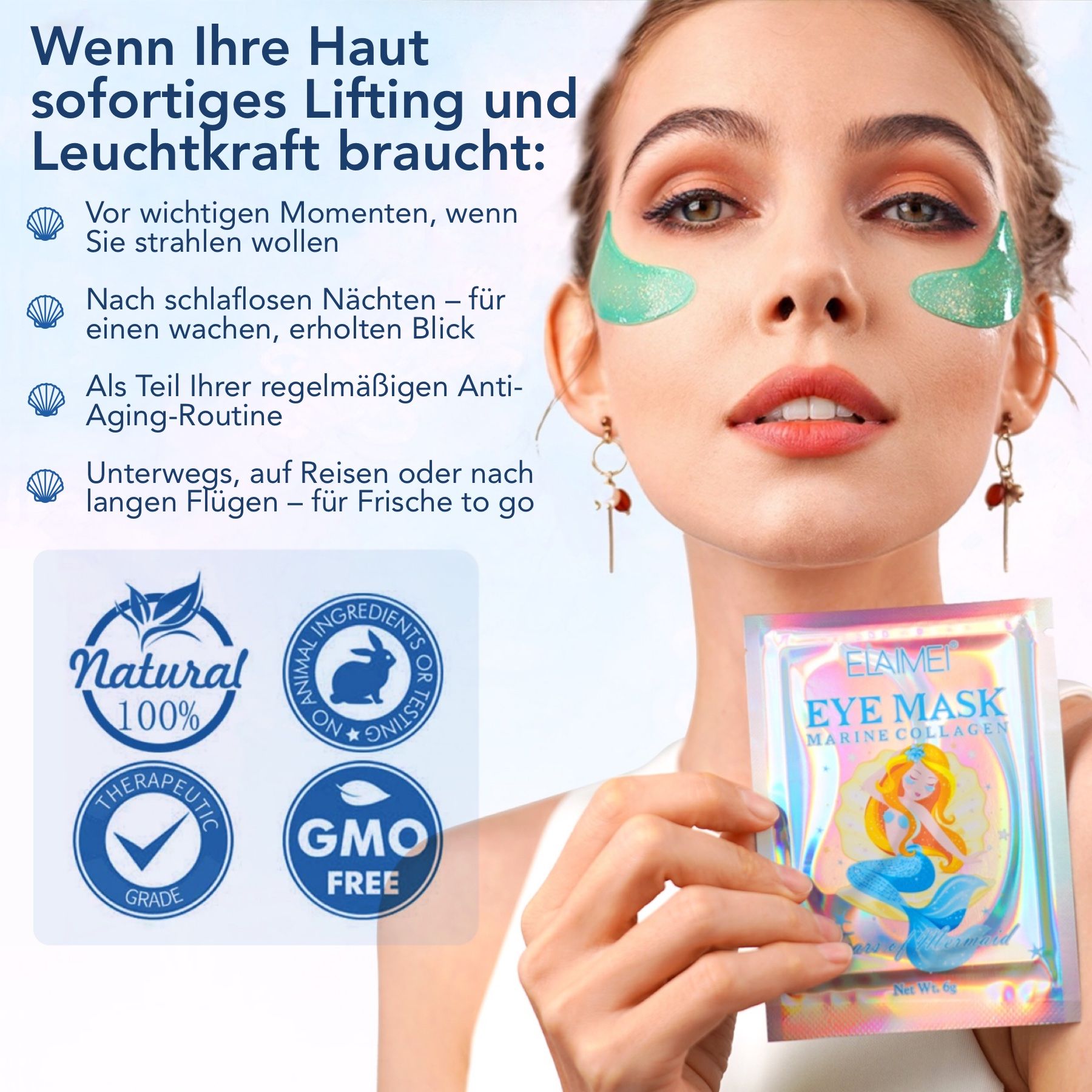 Frau mit Augenpads. Aufkleber: Natural 100%, Animal Ingredients No Testing, Therapeutic Grade, GMO Free. Packung.