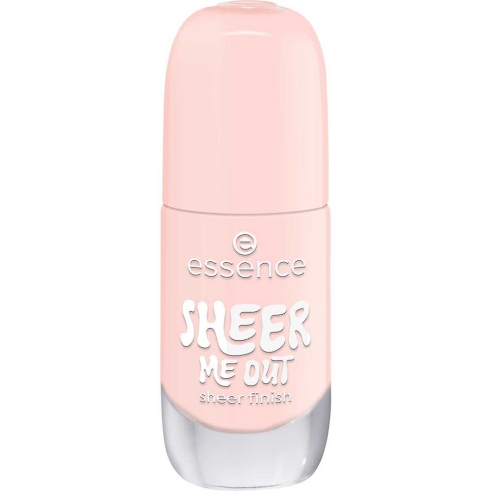 Nagellackflasche, rosa. Aufschrift: essence, SHEER ME OUT, sheer finish.
