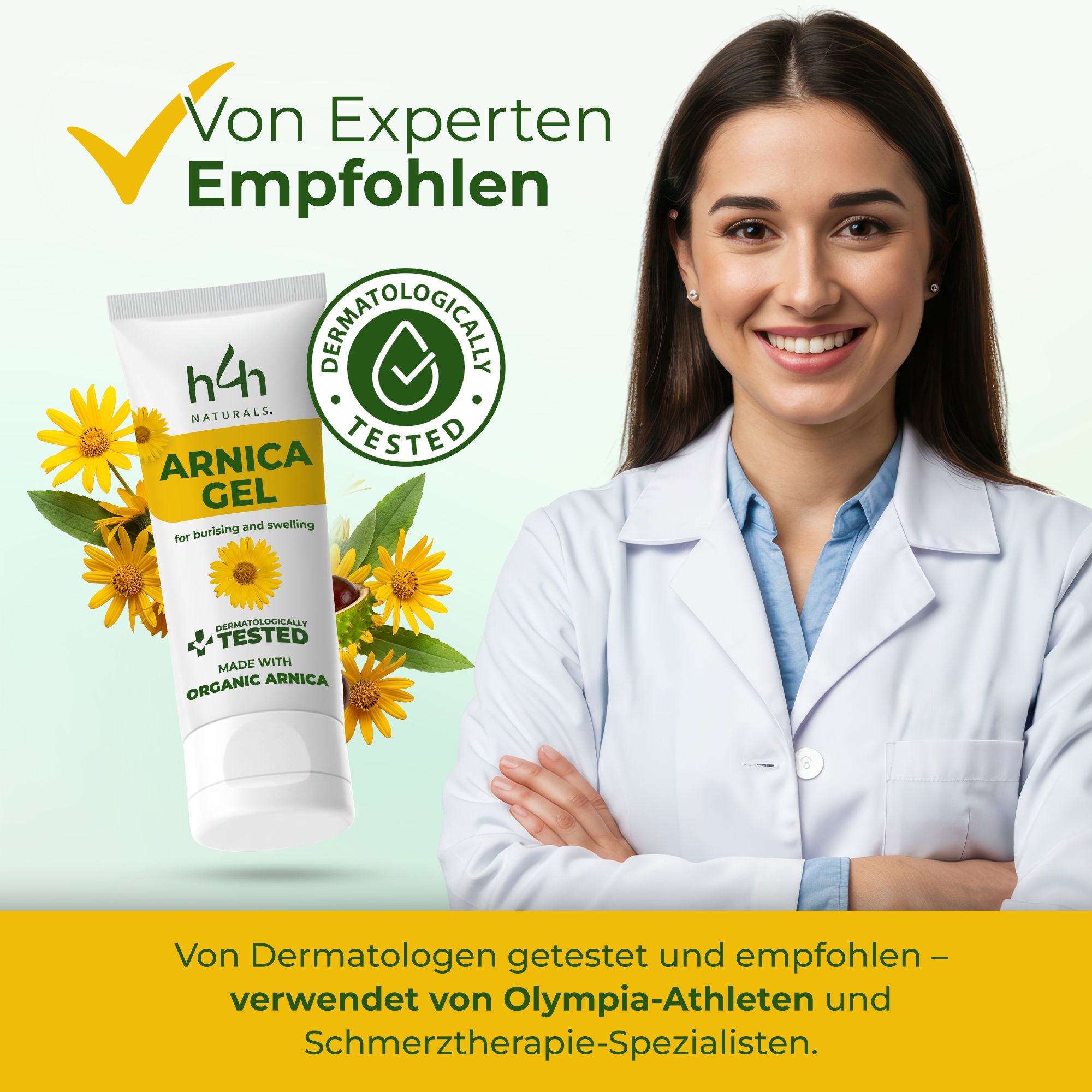 Weiß-gelbe Tube Arnika Gel, h4h Naturals. Frau im weißen Kittel. Text: Von Experten empfohlen, dermatologisch getestet.