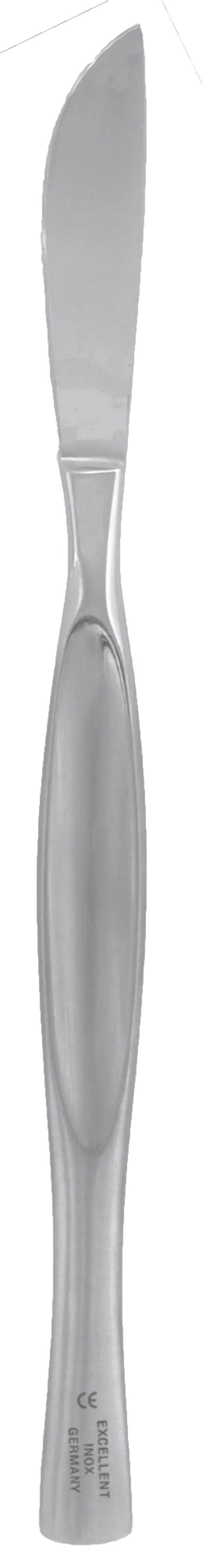 Ein Nagelknipser aus Edelstahl mit gebogener Klinge und ergonomischem Griff. Der Griff ist oval geformt und trägt die Aufschrift "EXCELLENT INOX GERMANY". Das Werkzeug ist für die Nagelpflege bestimmt.