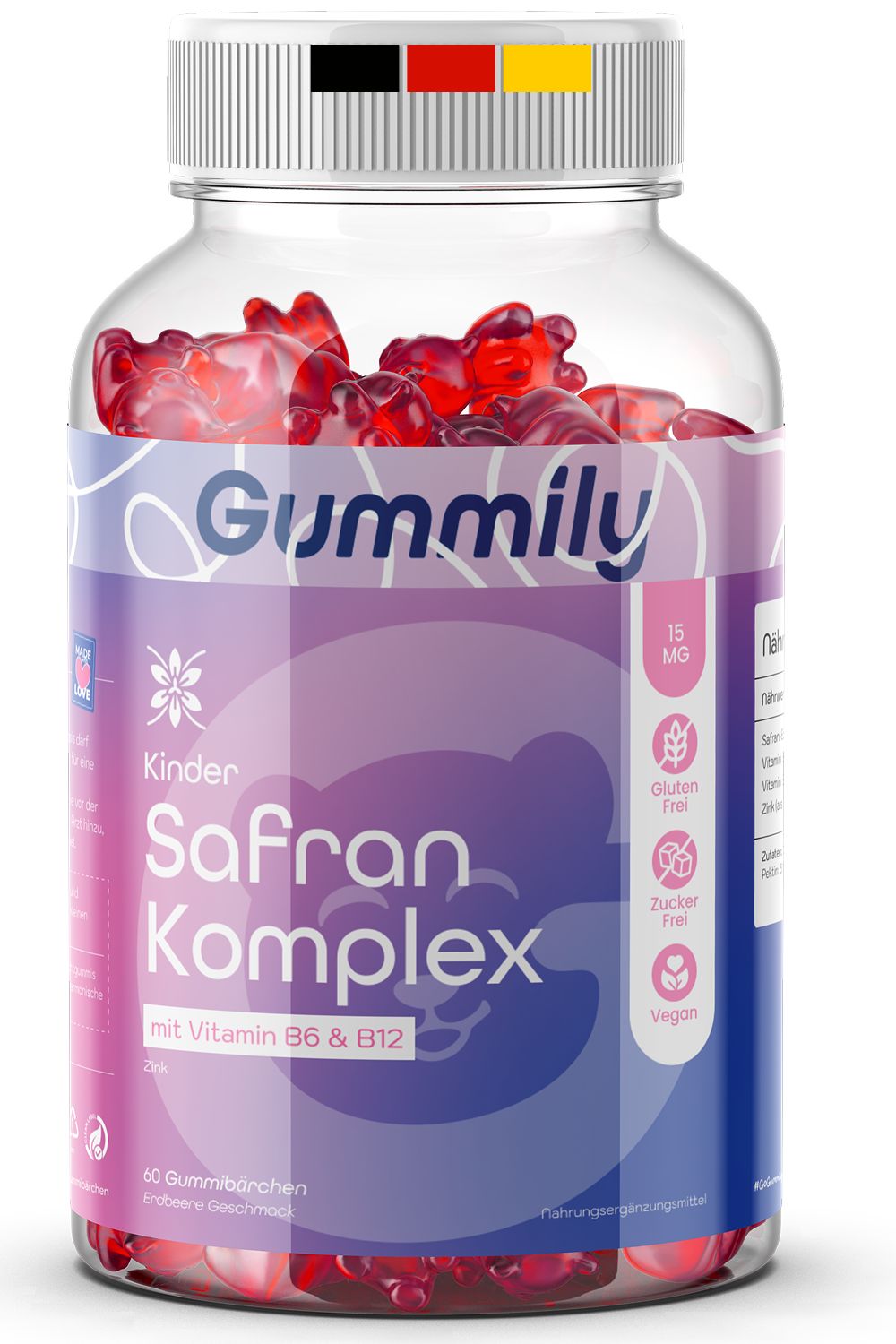Gummily Kinder Safran Komplex Flasche mit roten Gummibärchen und deutscher Flagge auf dem Deckel.